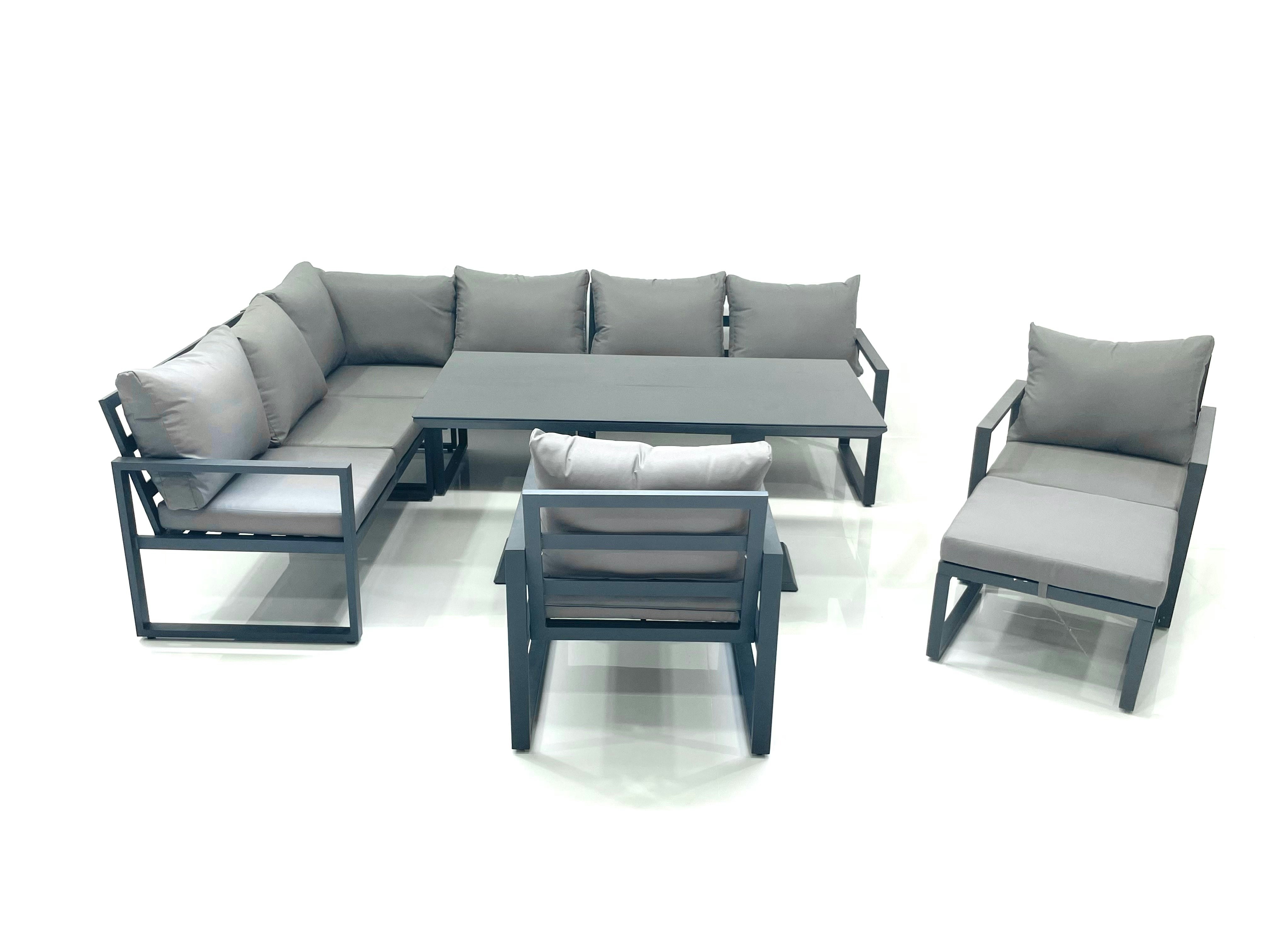 Fimous Dark/Grey Aluminum Outdoor Garden Furniture Set Corner Sofa Big Footstool 2 Chairs Adjustable Rising Lifting Dining Table Sets