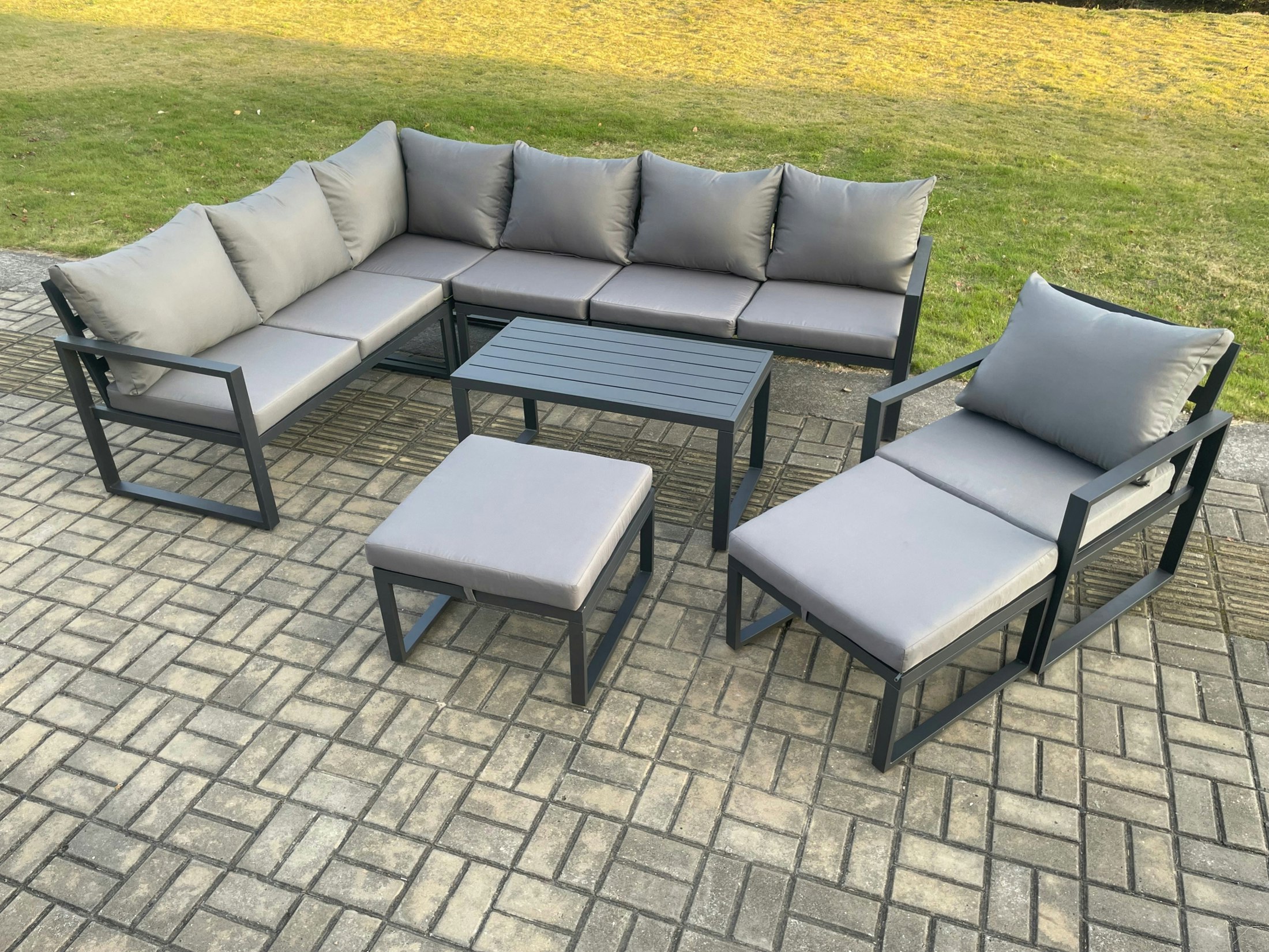 Fimous Dark/Grey Aluminum 9 Seater Outdoor Lounge Corner Sofa Set Garden Furniture Sets With Oblong Coffee Table Chair 2 Big Footstool