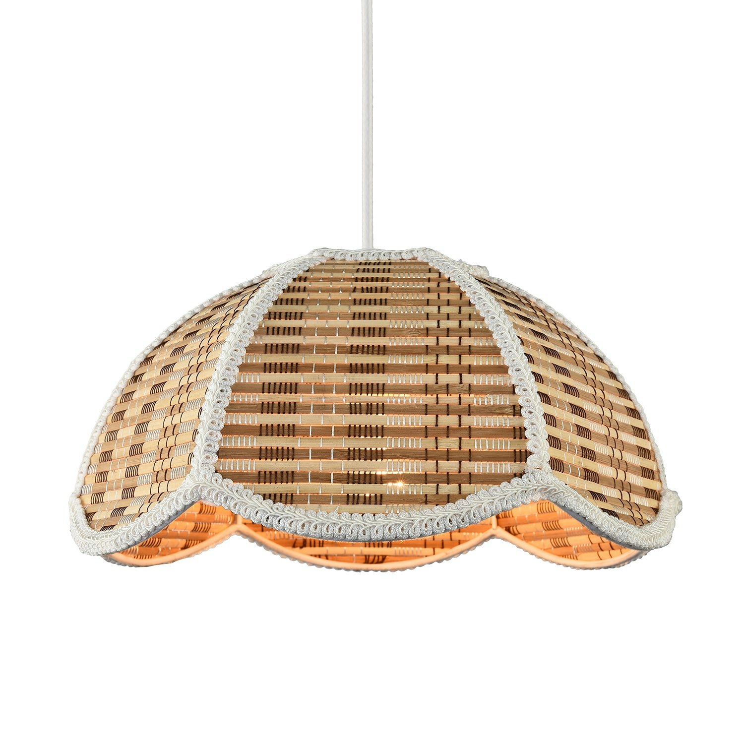 Rackhams White Vintage Victorian Rattan Pendant Shade With Embroidered Trim