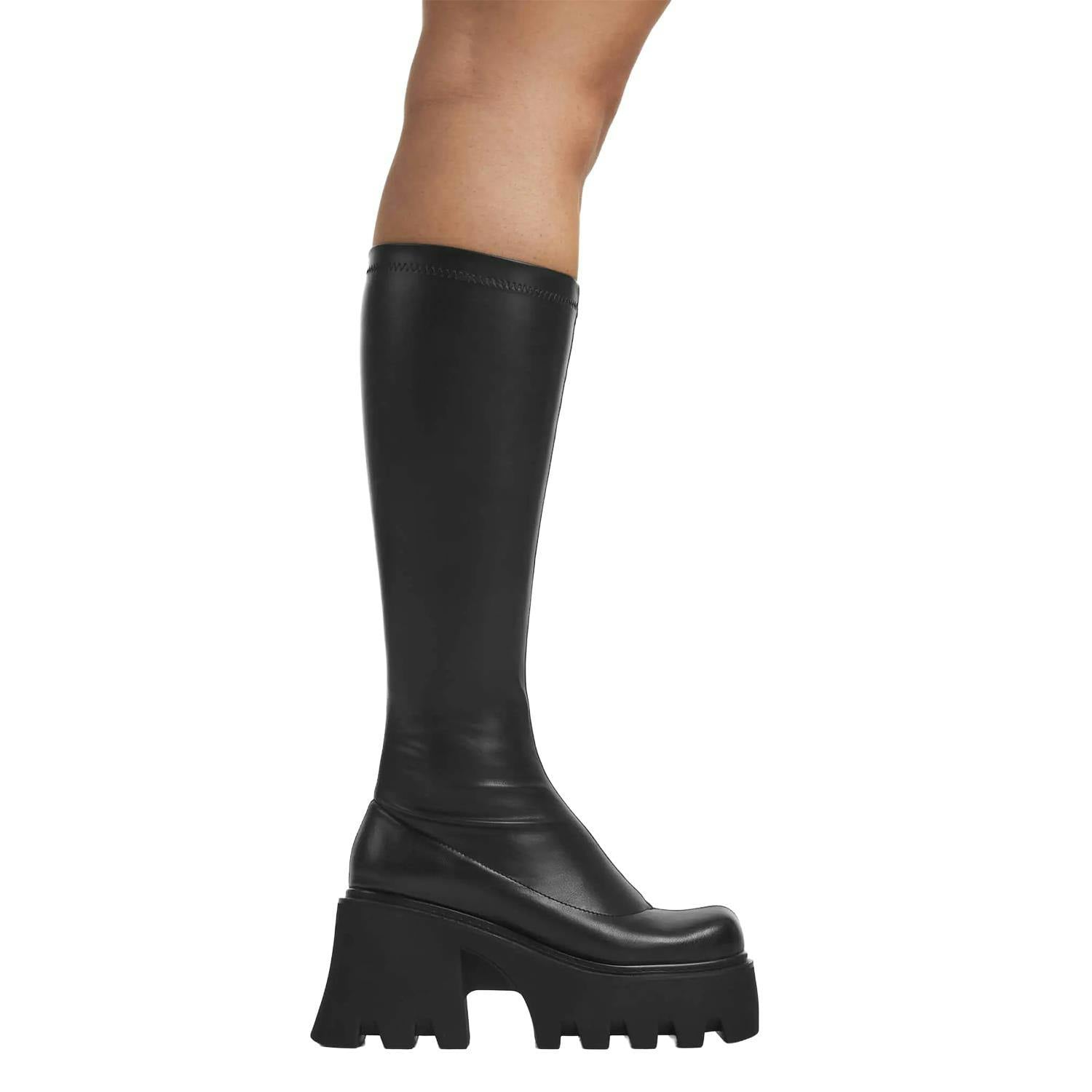 Lamoda Black Ready Stretch Pu Chunky Platform Knee High Boots Vegan Goth Uk 10 - Uk10