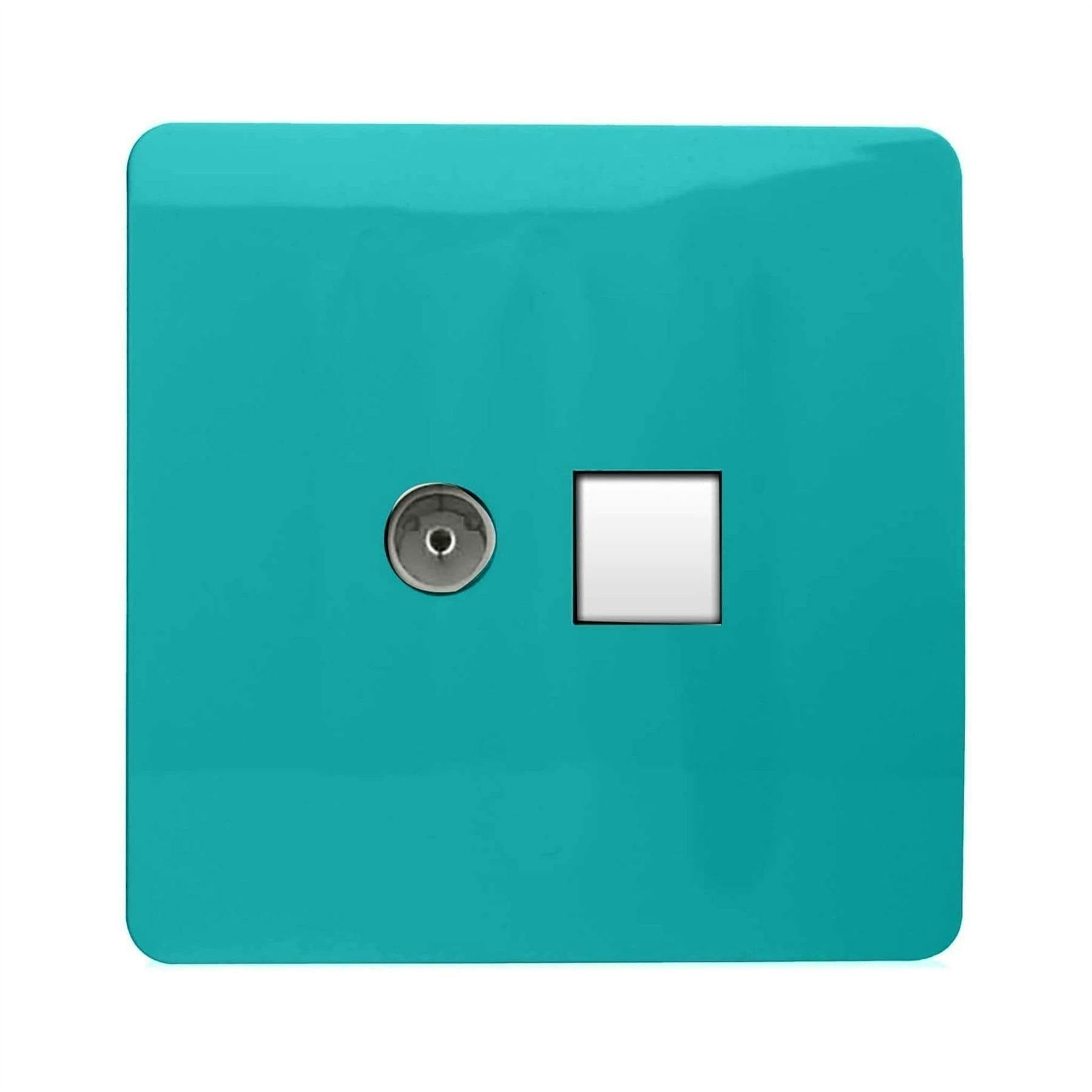 Trendi Switch Women's 2 Gang Tv Co-Axial & Rj45 Cat 6 Modern Designer Pc Ethernet Sockets In Bright Teal