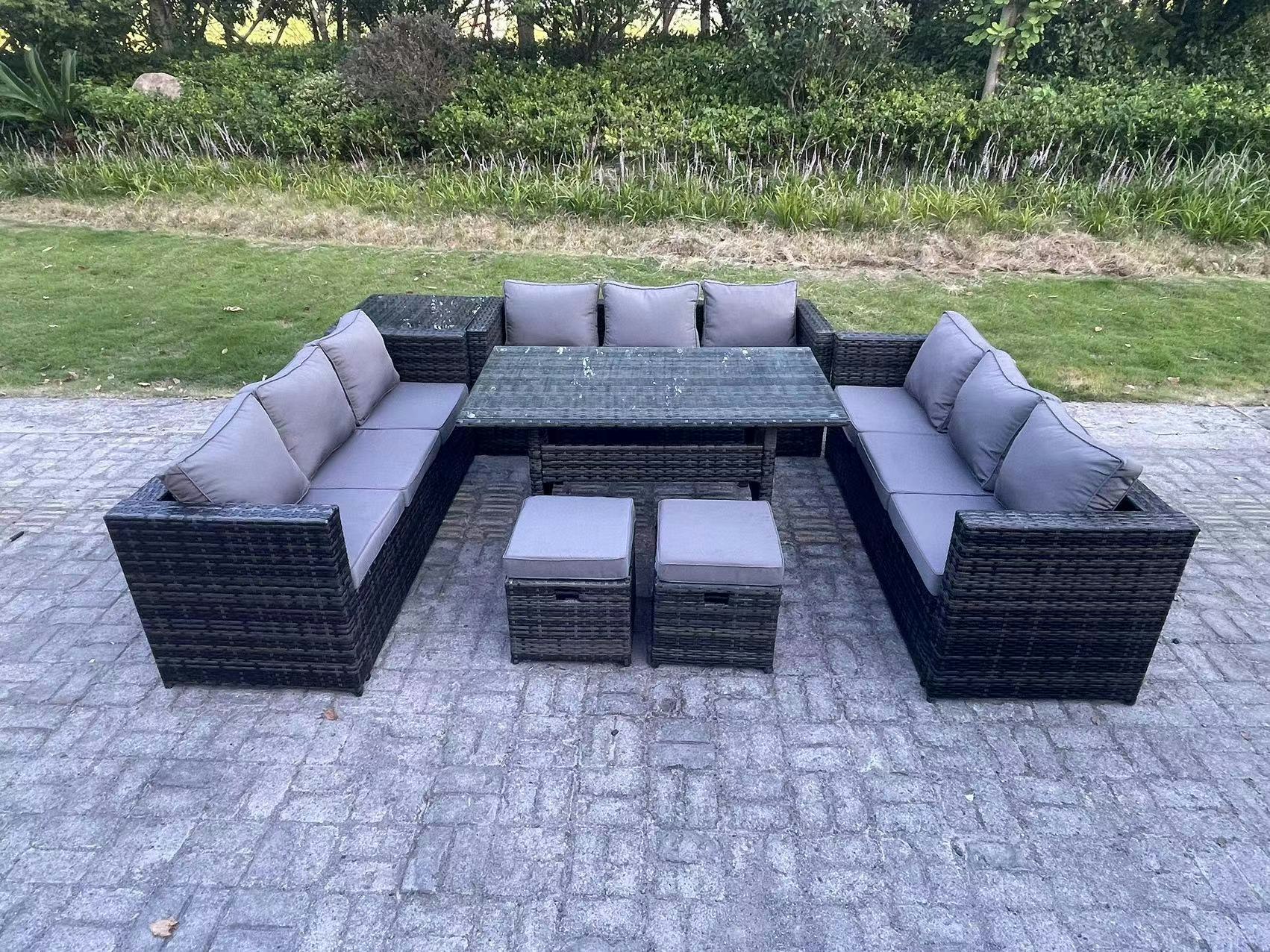 Fimous Dark/Grey 11-Seater Pe Wicker Rattan Outdoor Lounge Set | Rectangular Dining Table, 2 Footstools, Side Table