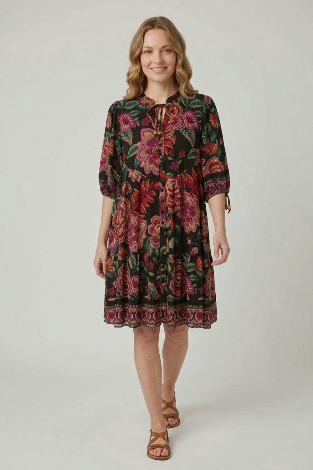 Izabel London Black Floral Relaxed 1/2 Sleeve Short Dress - 14