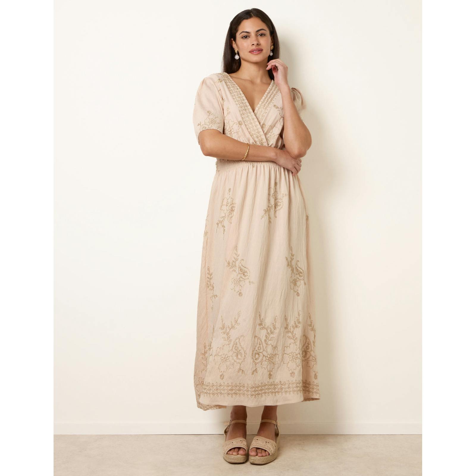 Blue Vanilla Wrap Front Metallic Embroidery Floral Dress - S-M - Stone