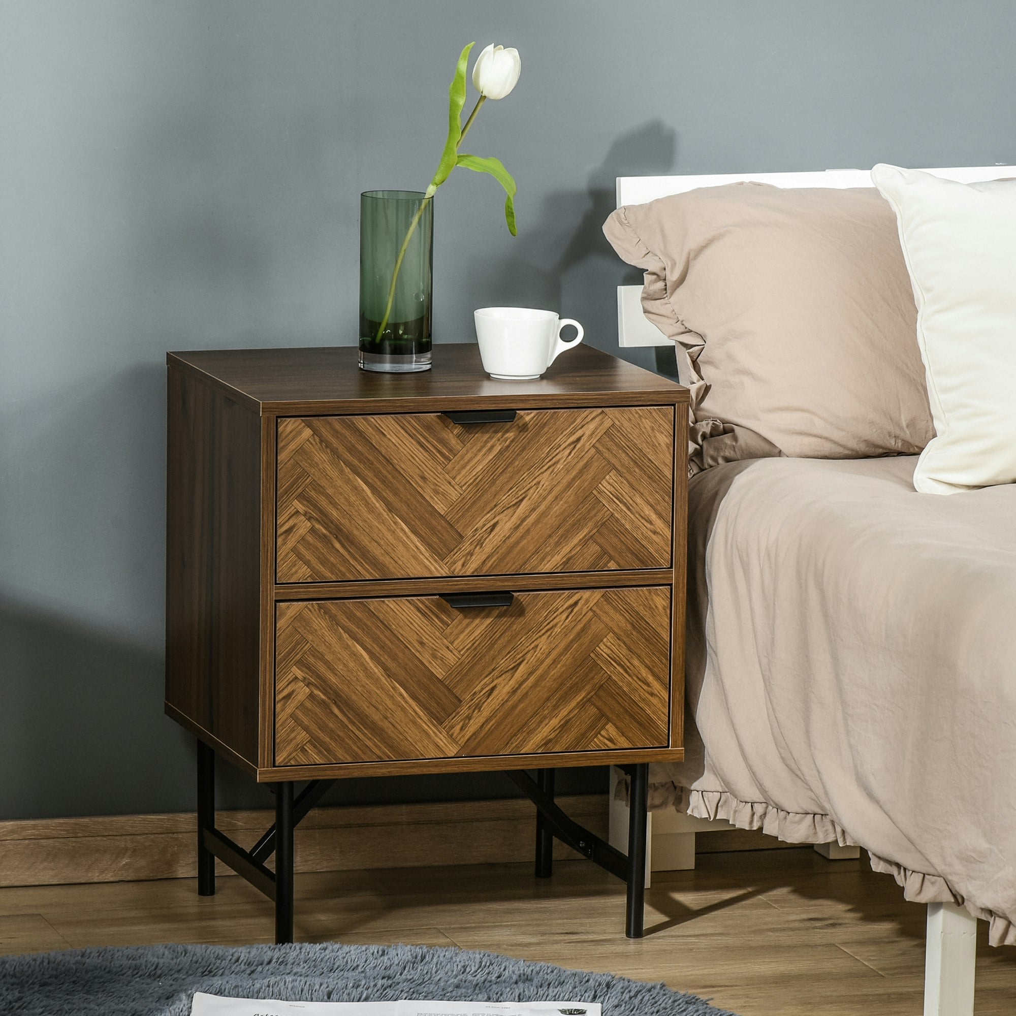 Homcom Brown Two-Drawer Herringbone Bedside Table Home Cabinet Bedroom Storage