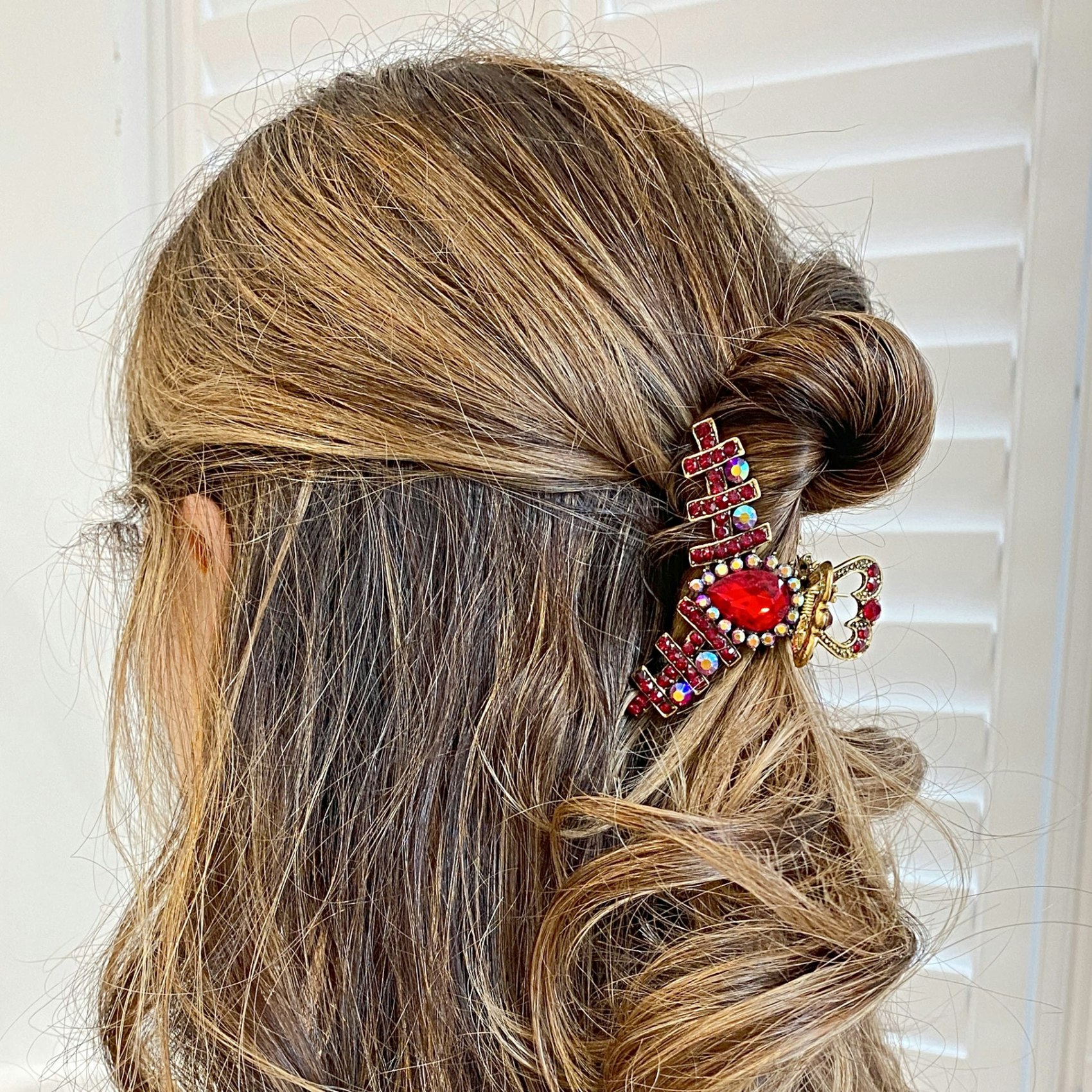 Queenmee Accessories Red/Gold Hair Clamp In Hair Claw Clip With Crystal