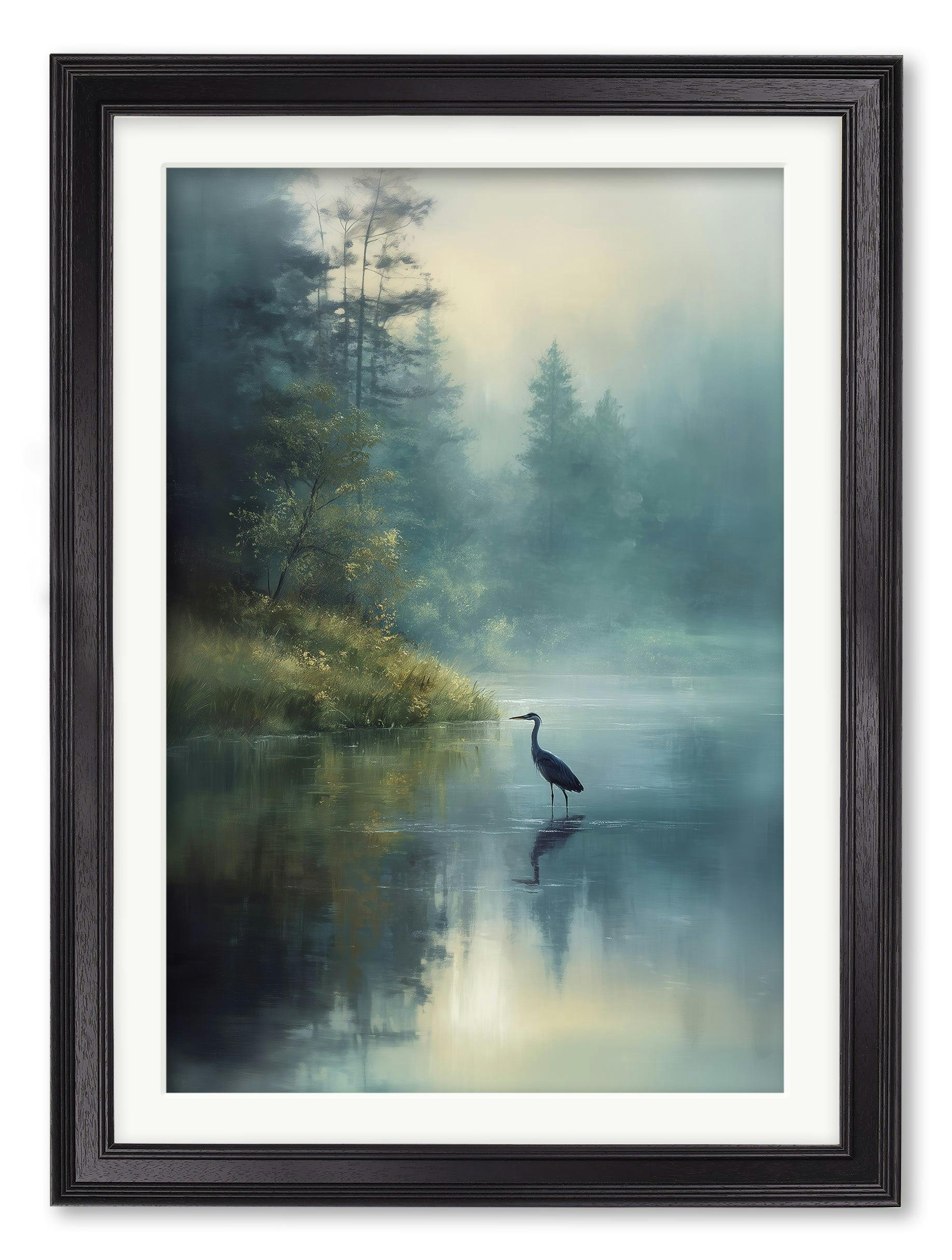 Rackhams Black Misty Lake Heron - Hurstwood Frame - Misty Lake Heron - 70 X 95Cm (A1)