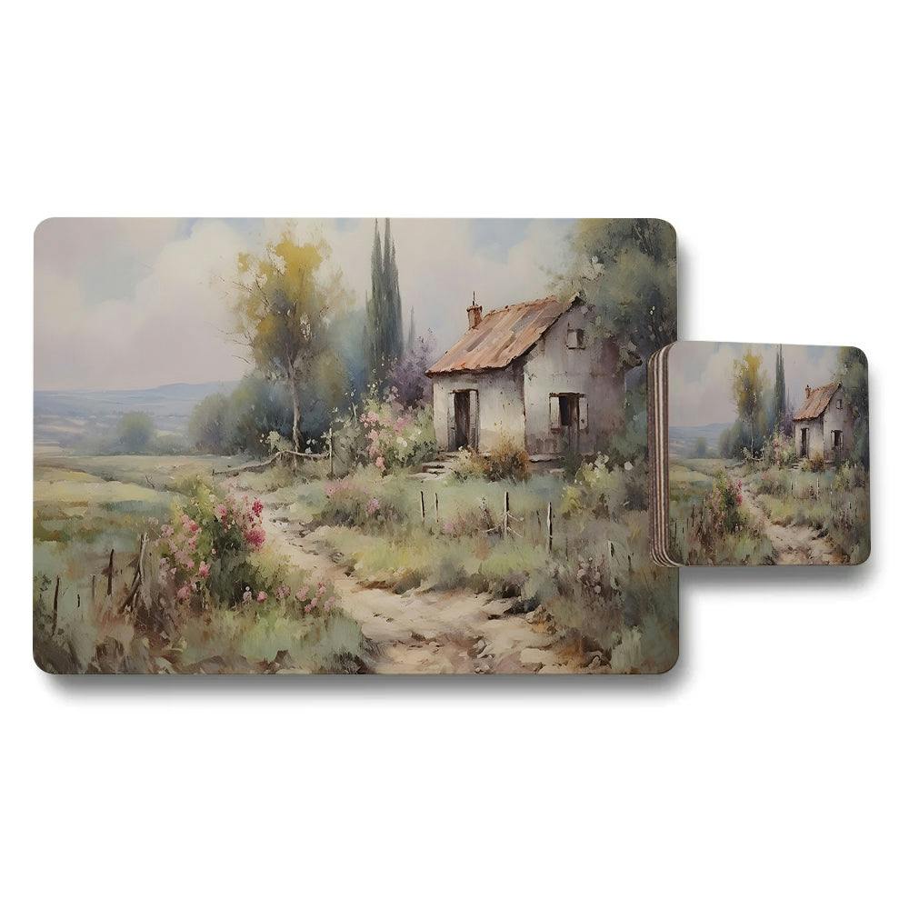 Benjamin Tate Design Country Cottage Landscape Placemats And Coaster Set With Rustic Painting