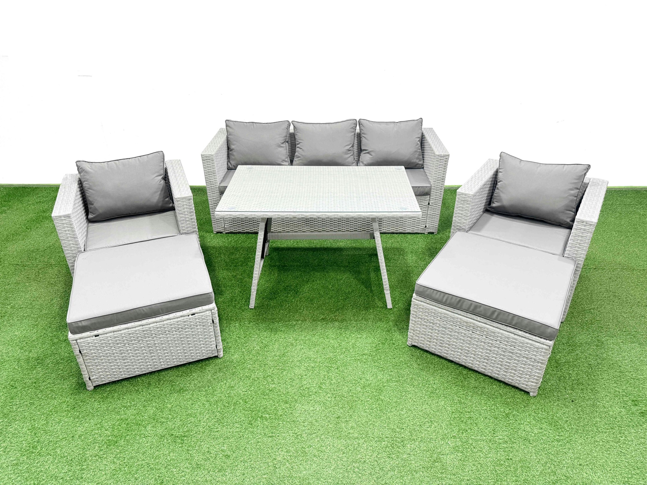 Fimous Light/Grey 7 Pieces Outdoor Pe Rattan Sofa Armchair Set Patio Garden Furniture Sets With Cushions 2 Big Stools