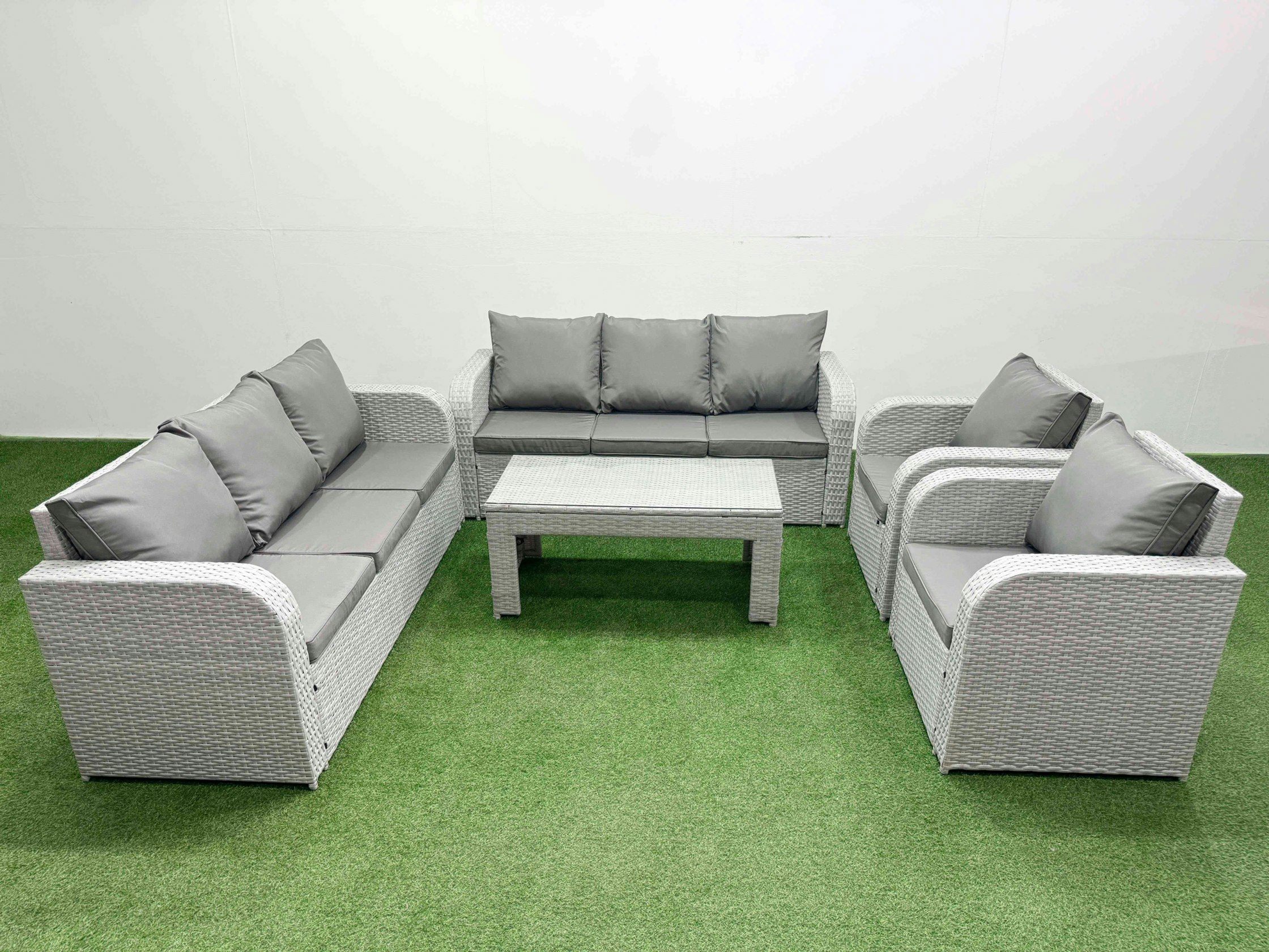 Rackhams Light/Grey Pe Rattan High Back Lounge Sofa Set Patio Oblong Coffee Table & Chairs Set With 3 Seater Sofa Reclining Chair