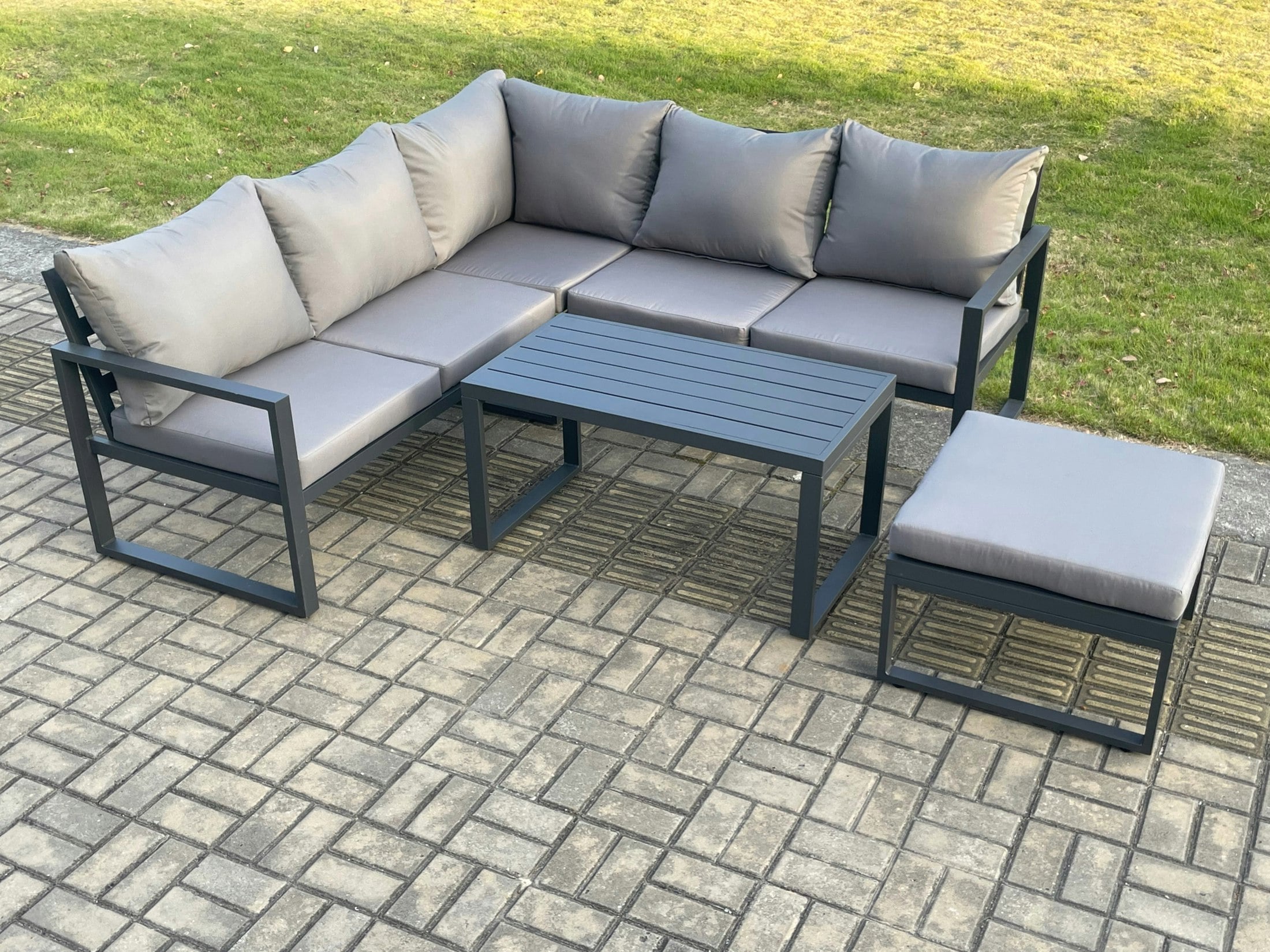 Fimous Dark/Grey Aluminium Outdoor Garden Furniture Set Lounge Sofa Oblong Coffee Table Sets With Big Footstool Indoor Conservatory Set