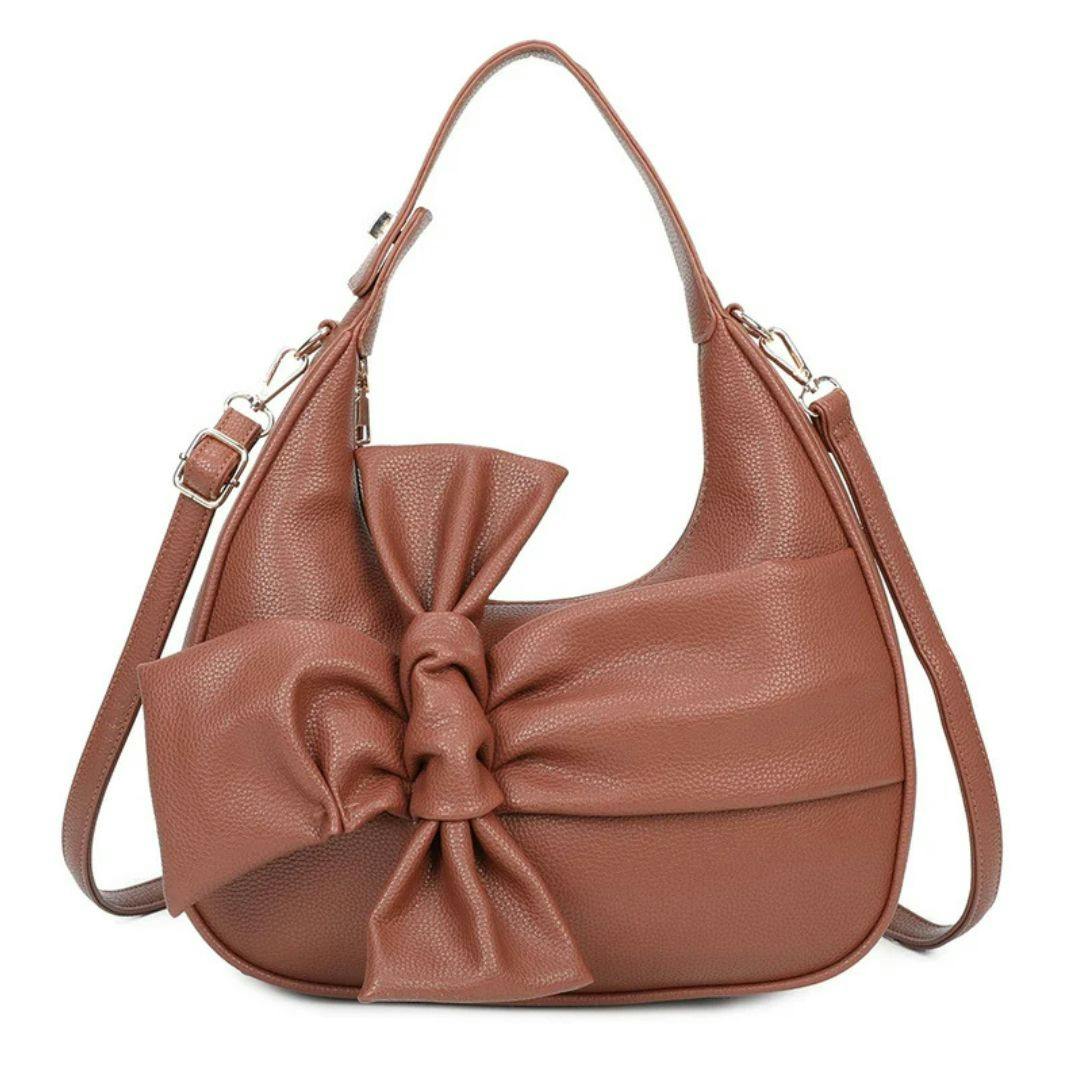 Love Emvy Brown Bow Moon Crescent Faux Leather Top-Handle Shoulder Bag