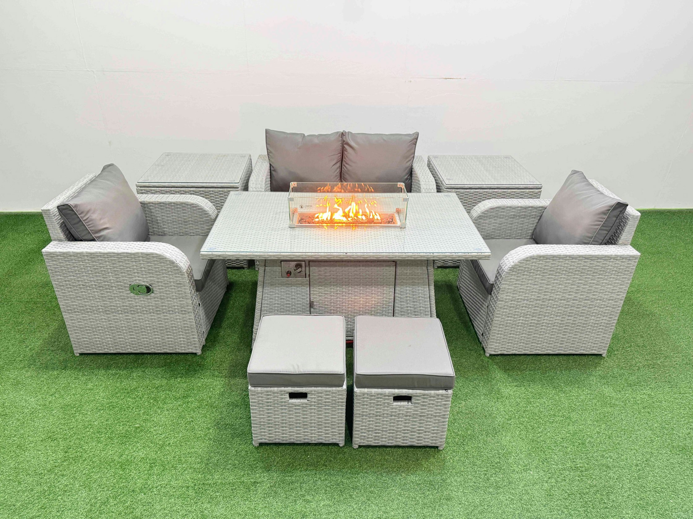 Rackhams Light/Grey Pe Wicker Rattan Garden Furniture Set Sofa Set Reclining Chair Fire Pit Dining Table 6 Seater 2 Small Stools 2 Side Table