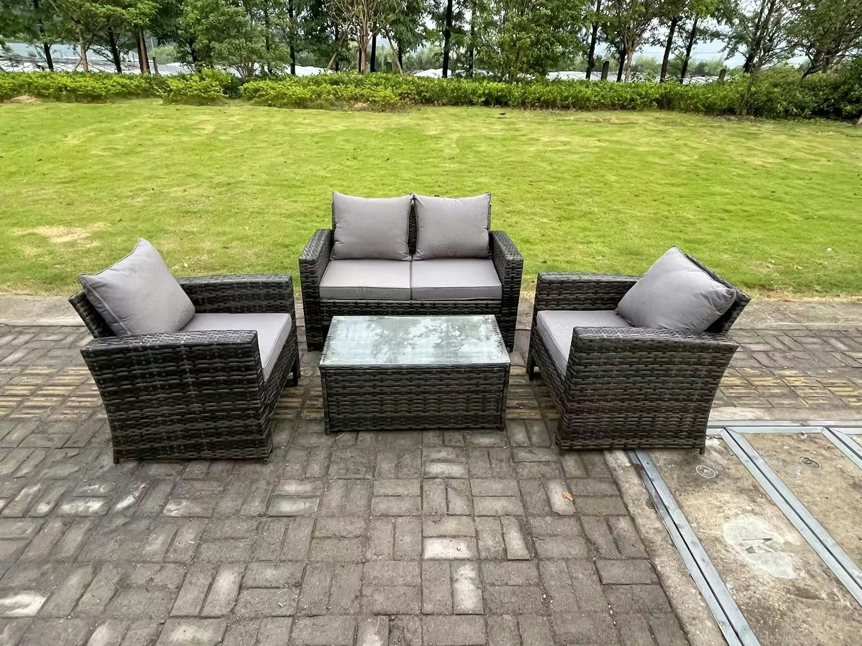 Fimous Grey 4 Seater Mixed High Back Rattan Sofa Set Rectangular Coffee Table Garden Furniture Outdoor Patio