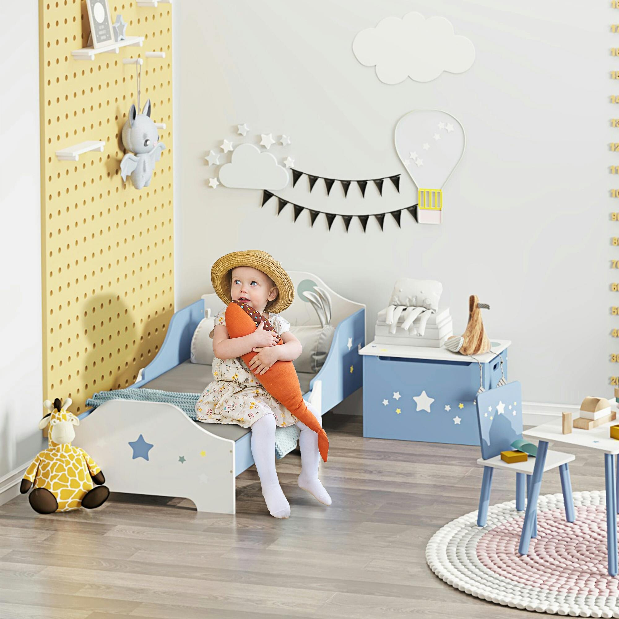 HOMCOM Toddler Bed Frame for Boys Girls w/ Safe Guardrails Low Junior Blue | Kids Bedroom Furniture - Image 3