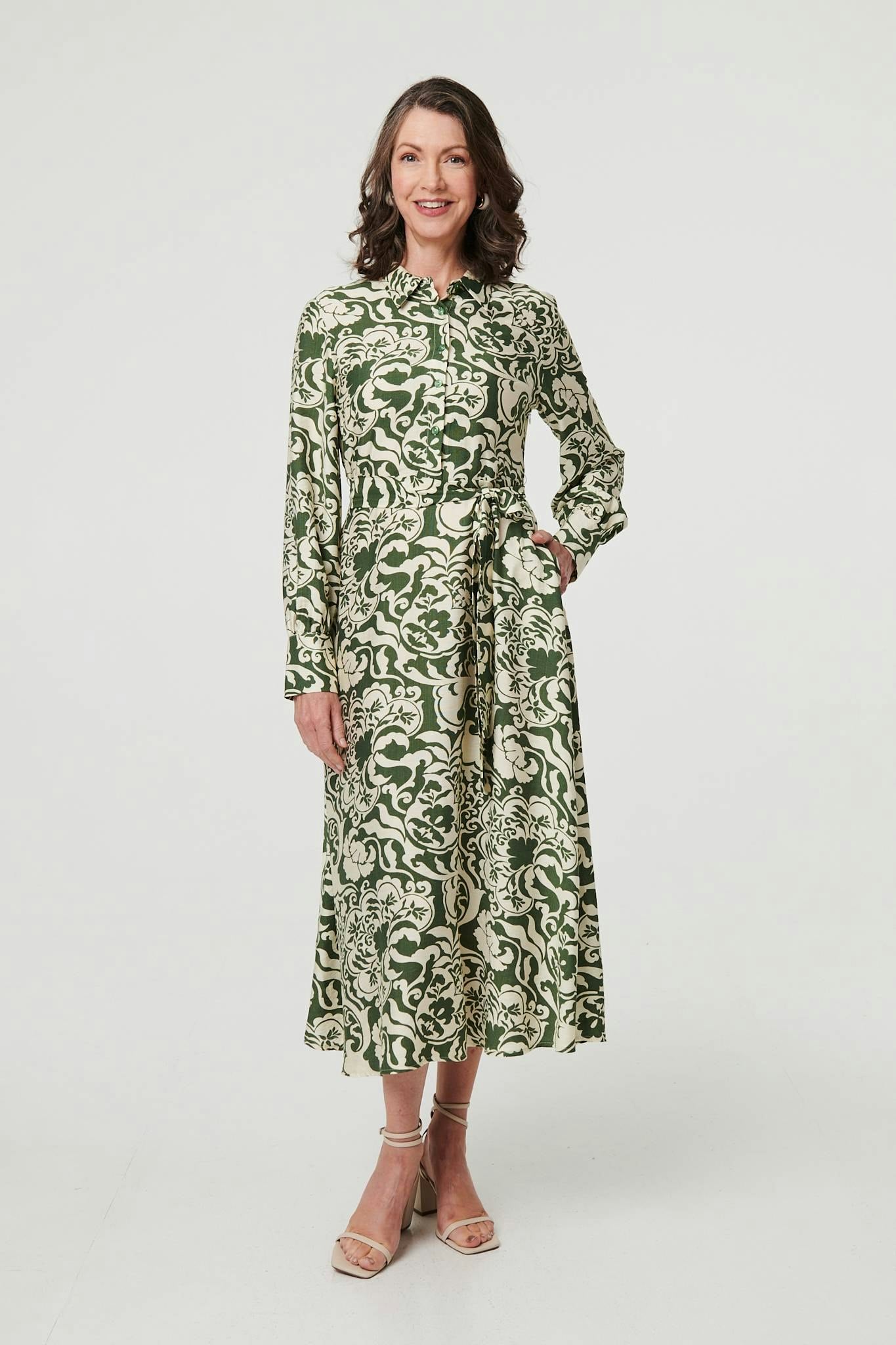 Izabel London Green Printed Long Sleeve Shirt Midi Dress - 10