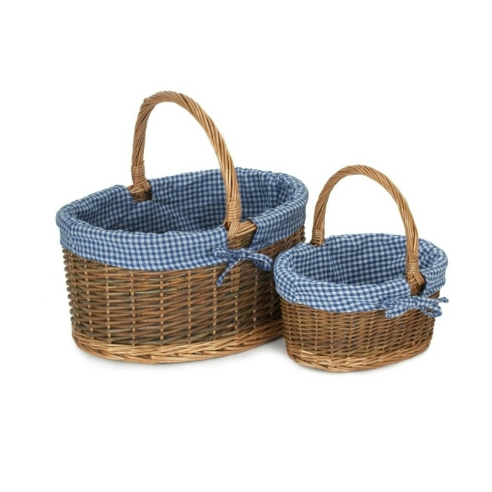 Red Hamper Red/Blue Hamper Checked Lined Country Oval Wicker Shopping Basket - Set Of 2
