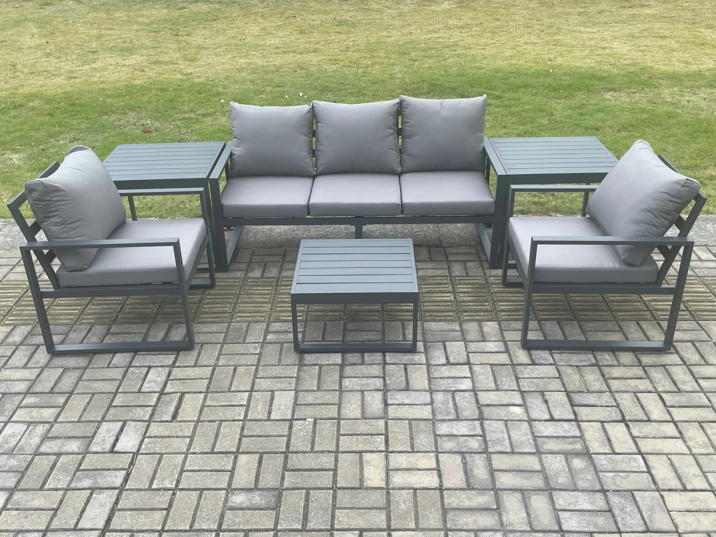 Rackhams Dark/Grey Aluminium Outdoor Garden Furniture Set Lounge Sofa 2 Pc Chairs Square Coffee Table Sets With 2 Side Tables