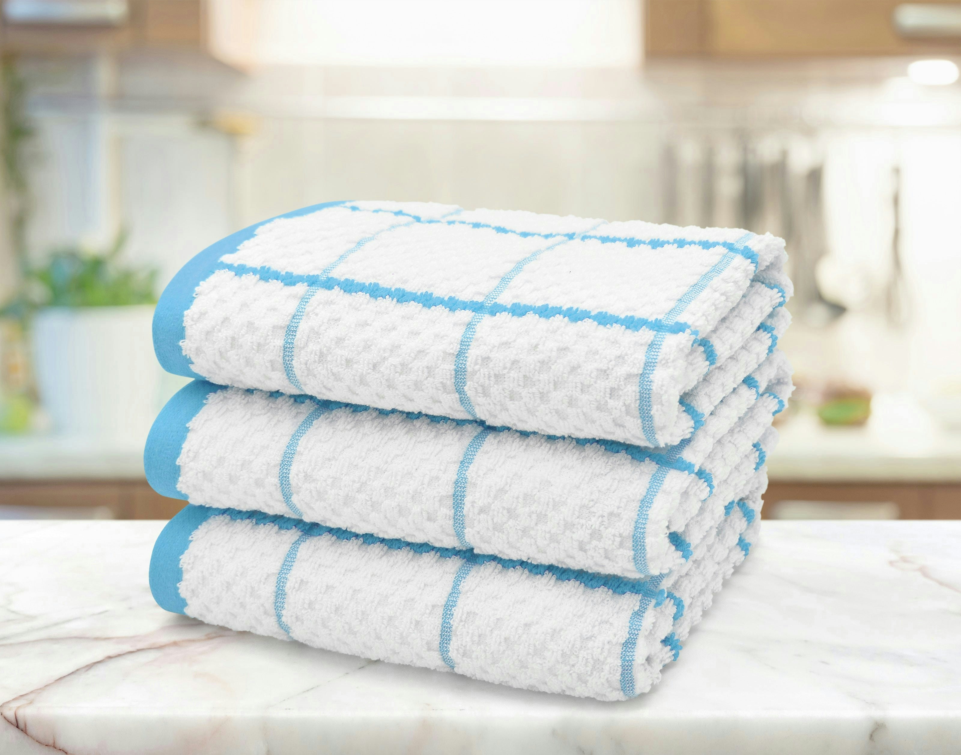 Rackhams Blue Embroiderd Woven Checked Cotton Tea Towel 3 Pack - One Size
