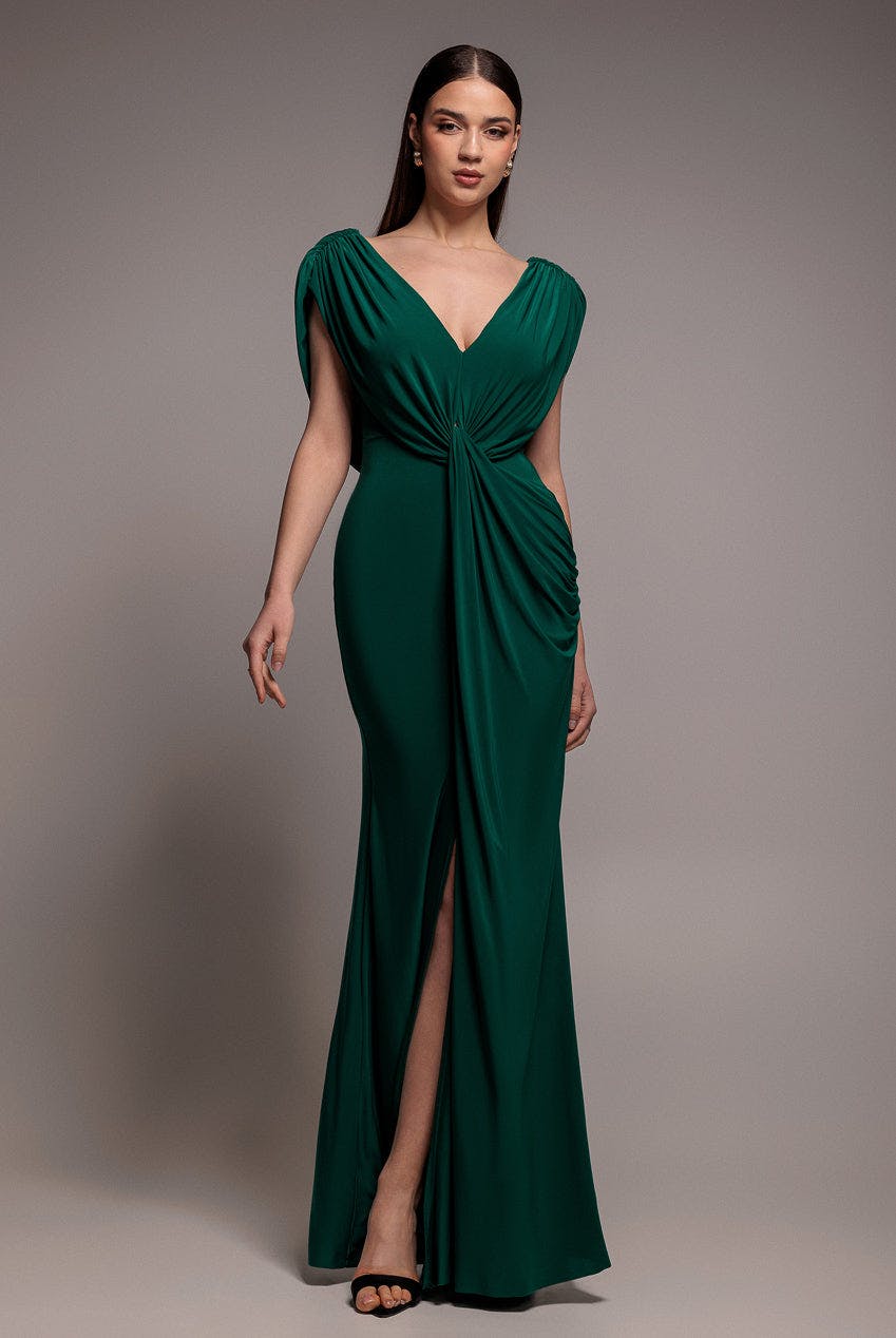 Goddiva Green Cowl Plunge Draped Mermaid Maxi Dress - Emerald By - Emerald - 6