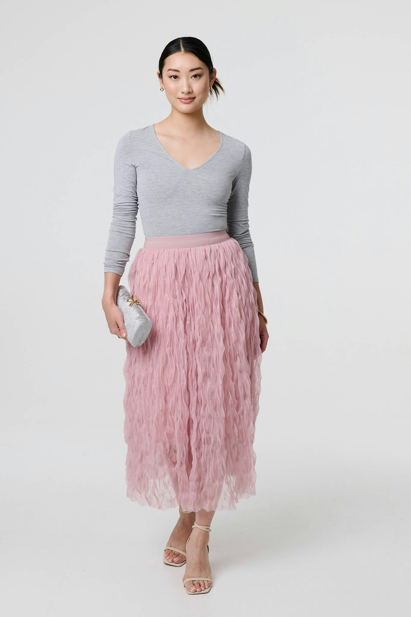 Izabel London Pink Ruffled High Waist Semi Sheer Midi Skirt - 10