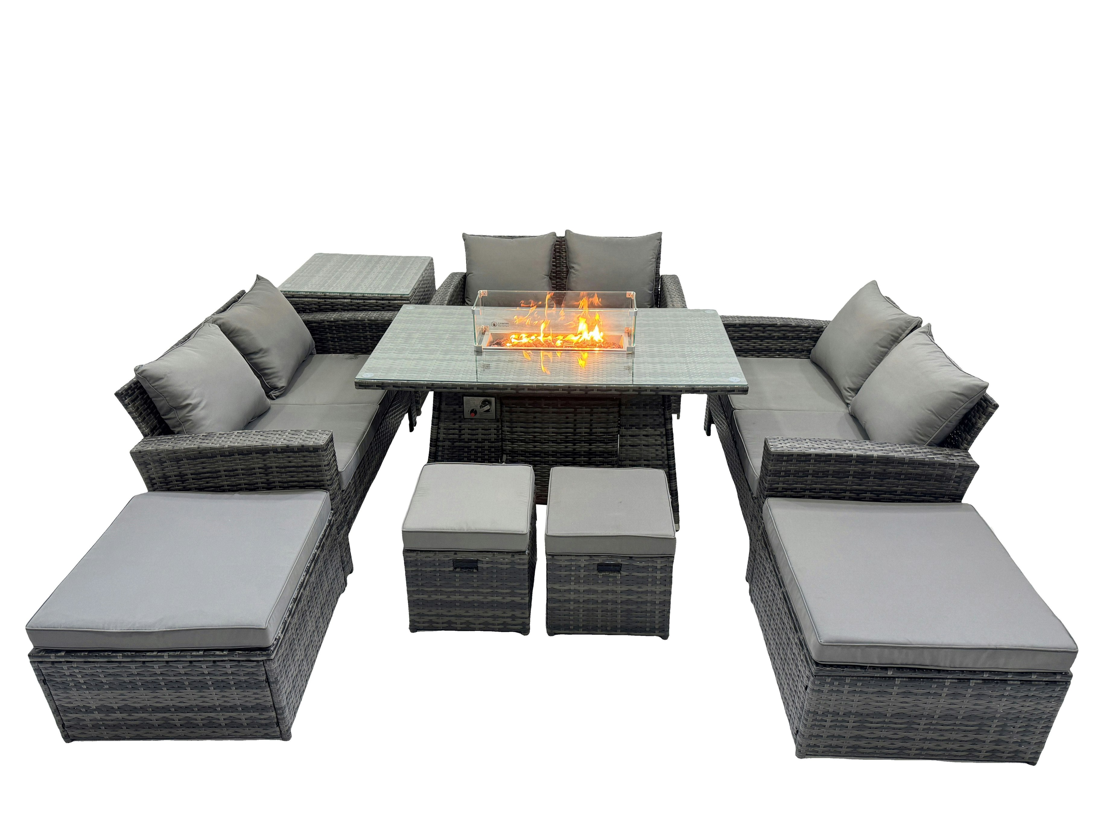 Rackhams Dark/Grey Outdoor Love Sofa Set 10 Seat Rattan Garden Furniture Set With Gas Firpit Dining Table 4 Footstools Side Table Mixed