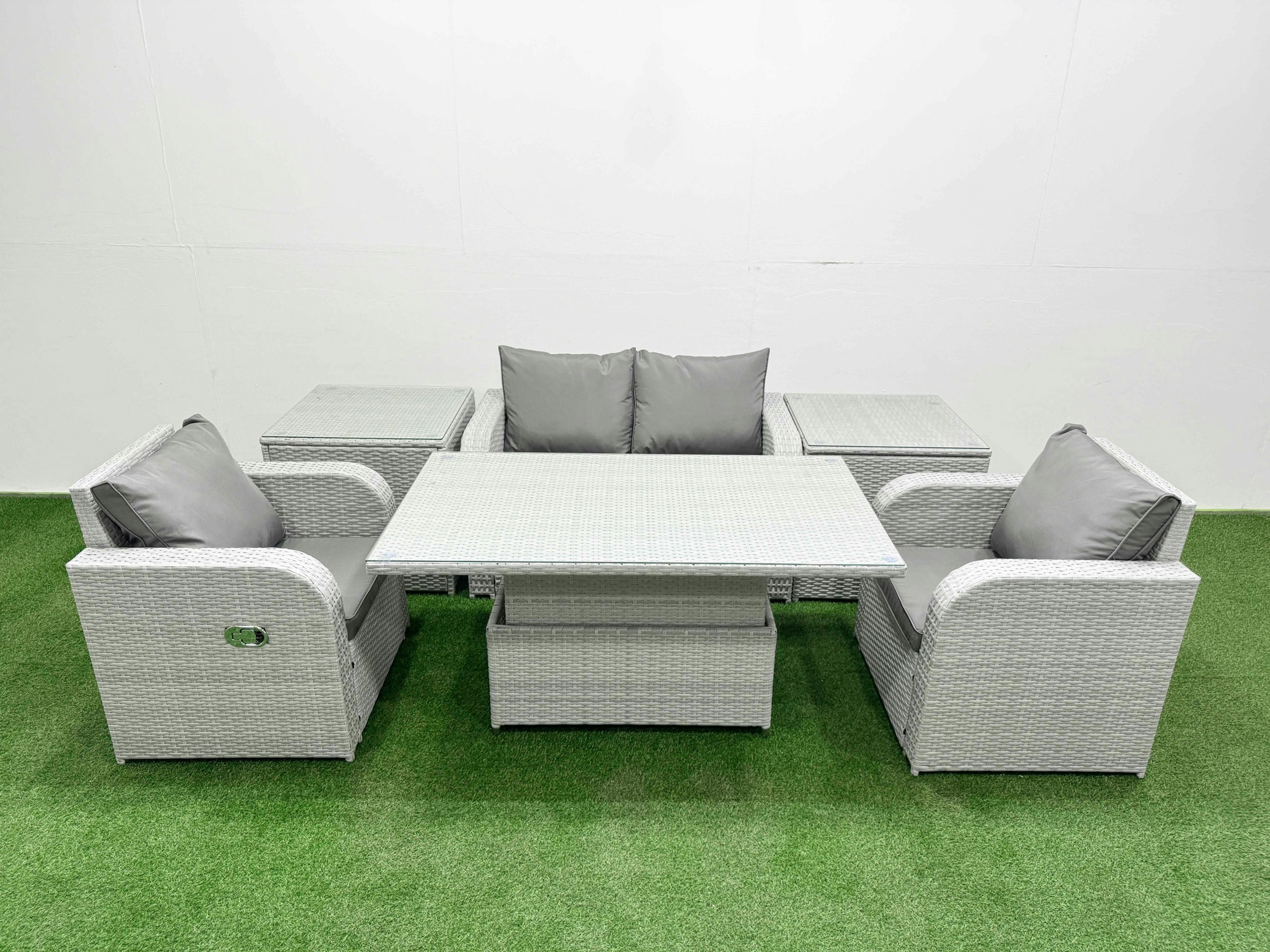 Fimous Light/Grey Pe Wicker Rattan Garden Furniture Set Sofa Set Reclining Chair Adjustable Lifting Dining Or Coffee Table 4 Seater With 2 Side Table