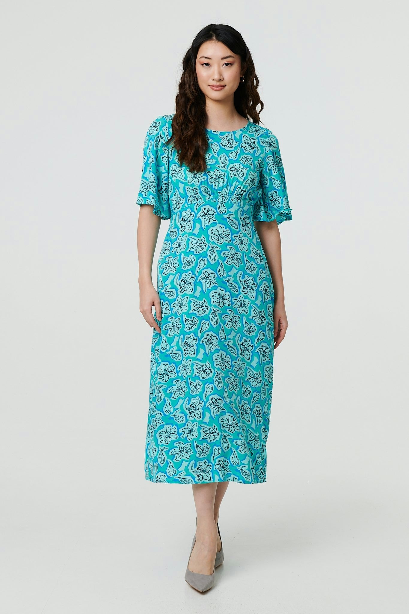 Izabel London Green Floral 1/2 Flare Sleeve Midi Dress - 12