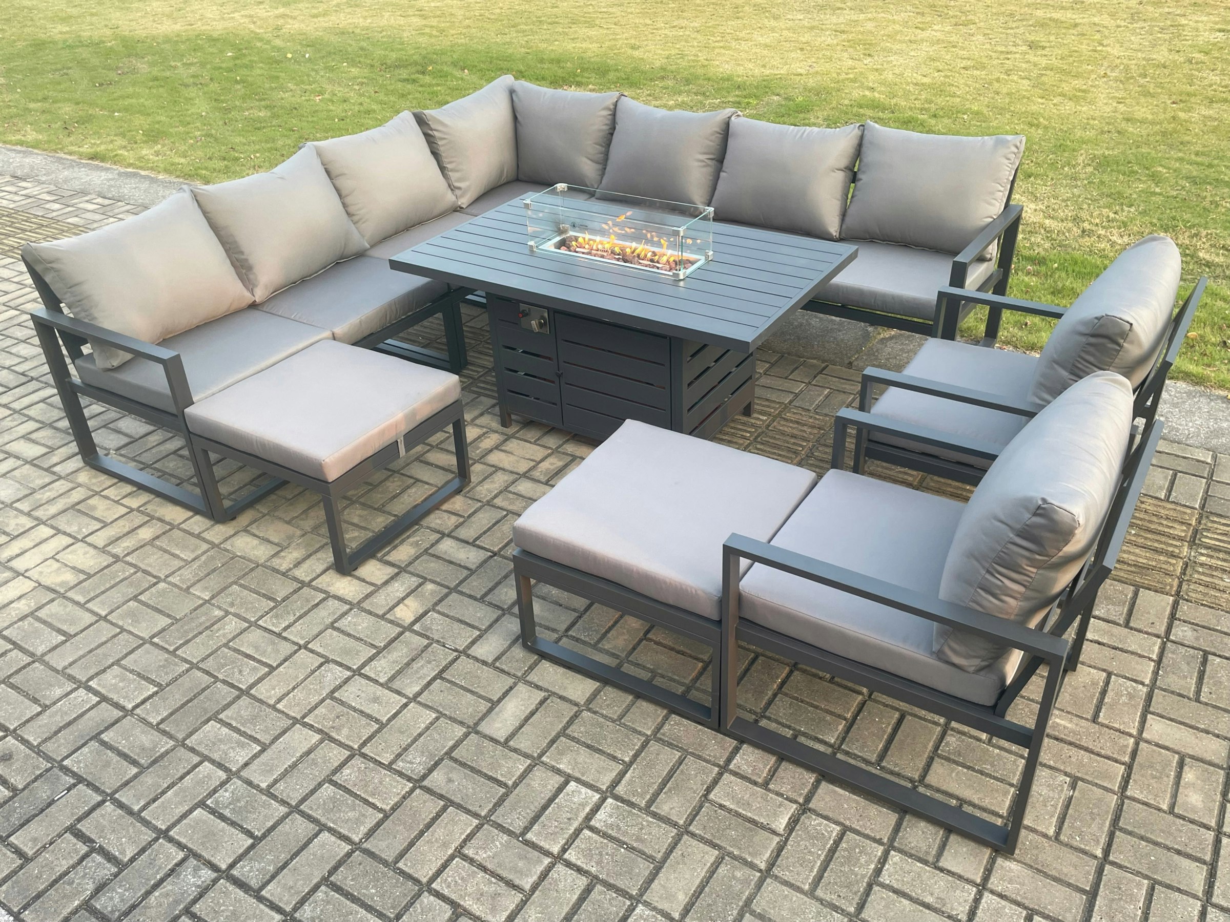 Fimous Dark/Grey Aluminium 11 Seater Garden Furniture Outdoor Set Patio Lounge Sofa Gas Fire Pit Dining Table Set With 2 Chair 2 Big Footstools