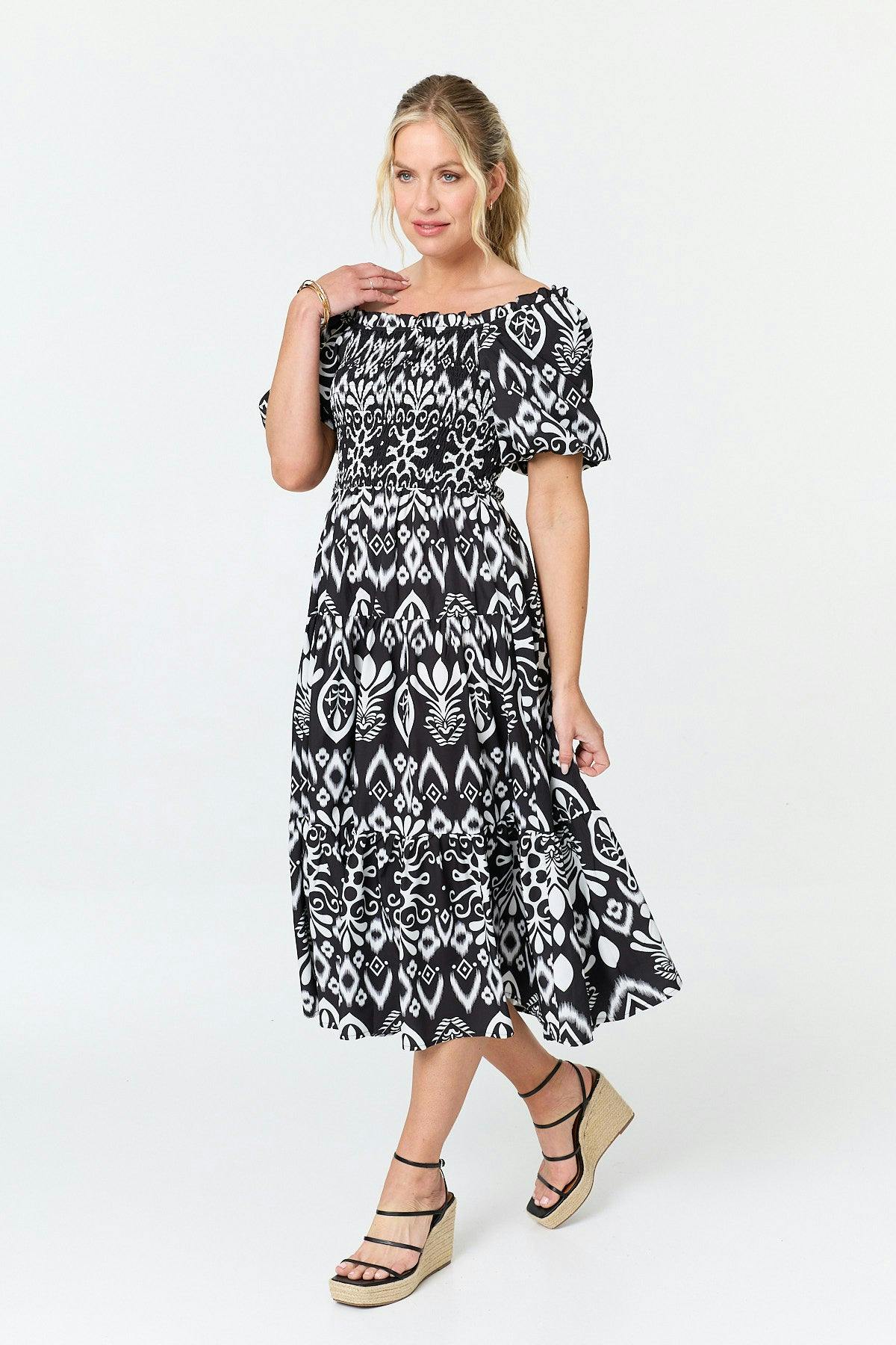 Izabel London Black Abstract Bardot Puff Sleeve Midi Dress - 8