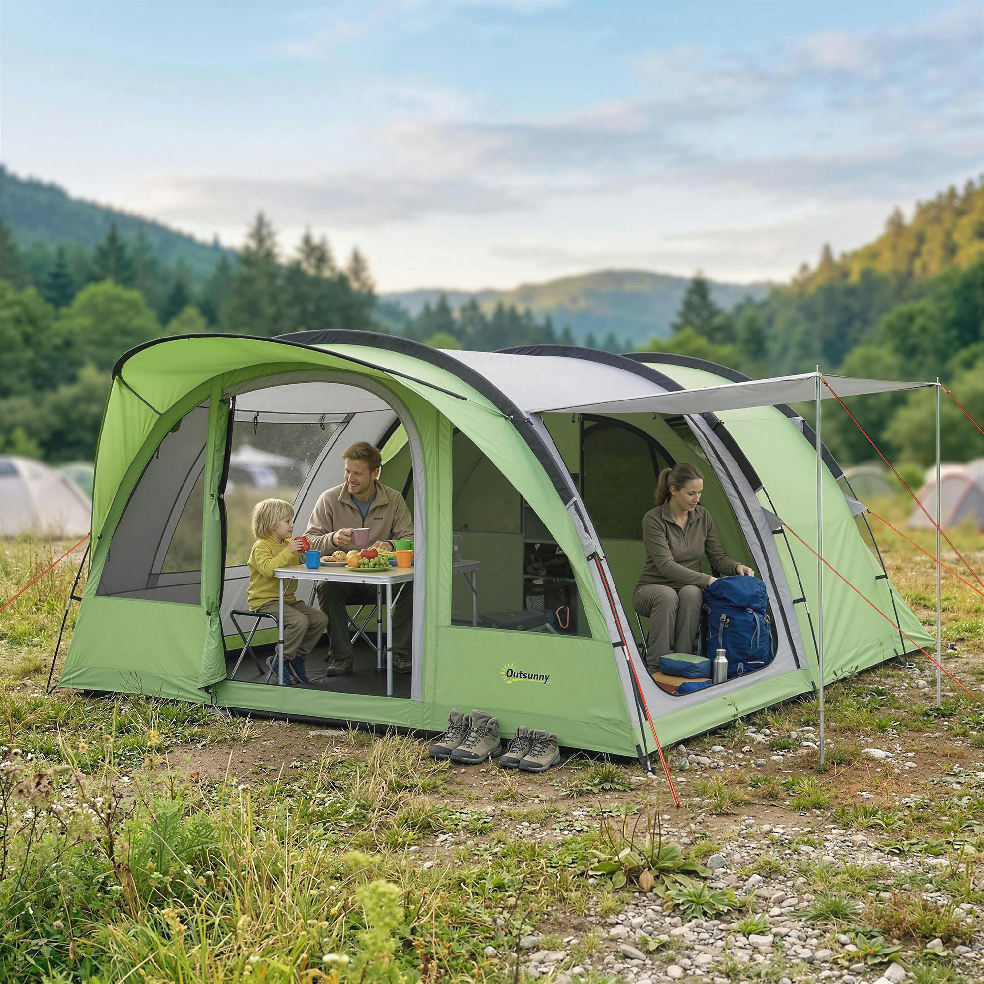 Outsunny Green Family Camping Tent Waterproof Tunnel Tent 4 Person