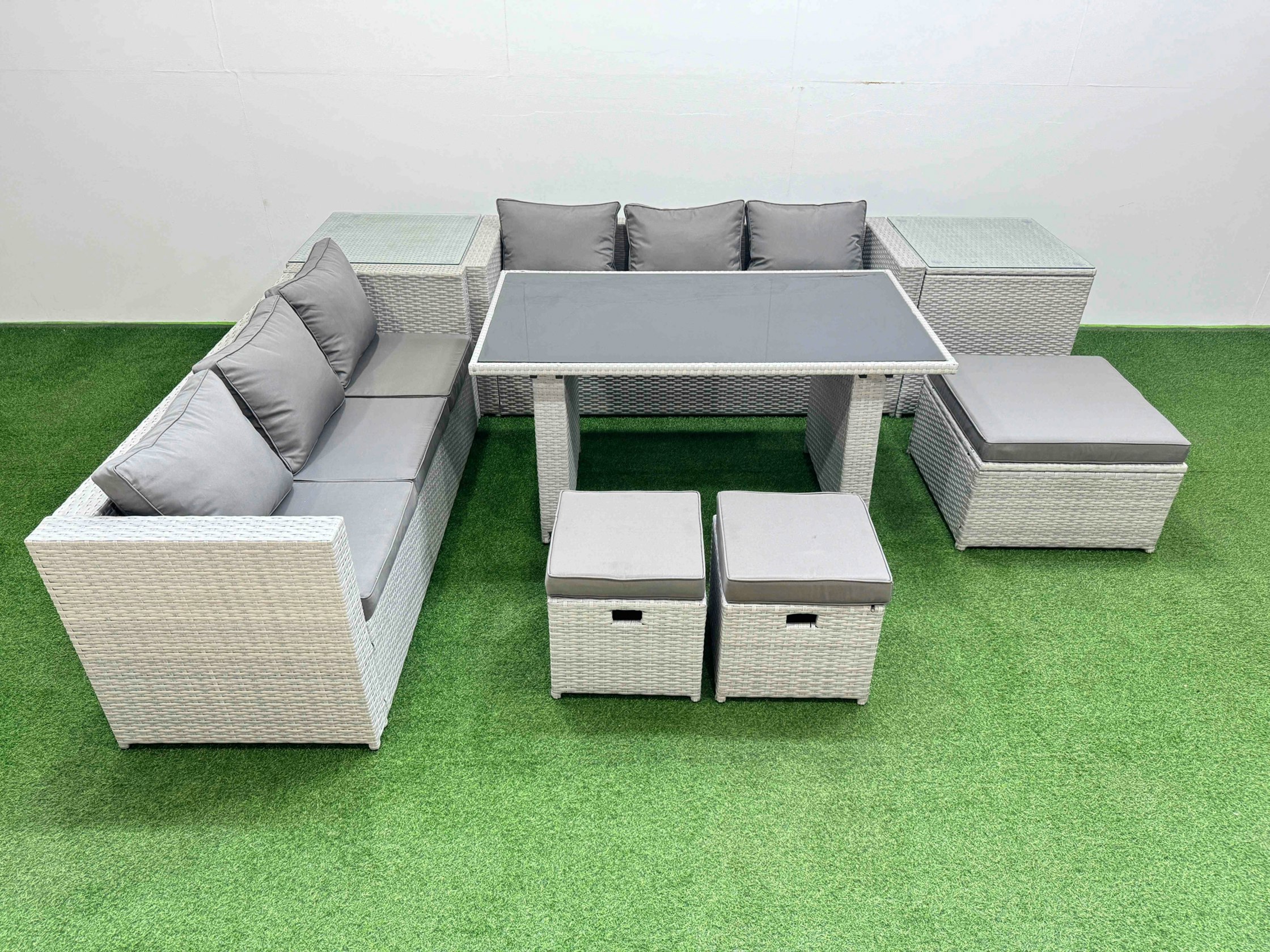 Fimous Light/Grey Rattan Garden Furniture Dining Set 9 Seater Patio Rectangular Table Sofa Set With 2 Side Tables 3 Stools