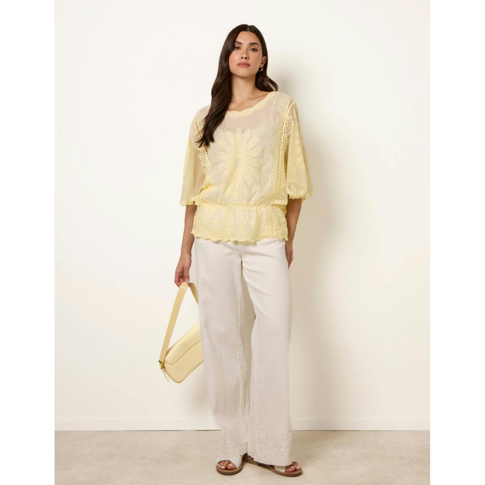 Blue Vanilla Blue/Light/Yellow Vanilla Sun Flower Lace Sleeve Blouse - S-M