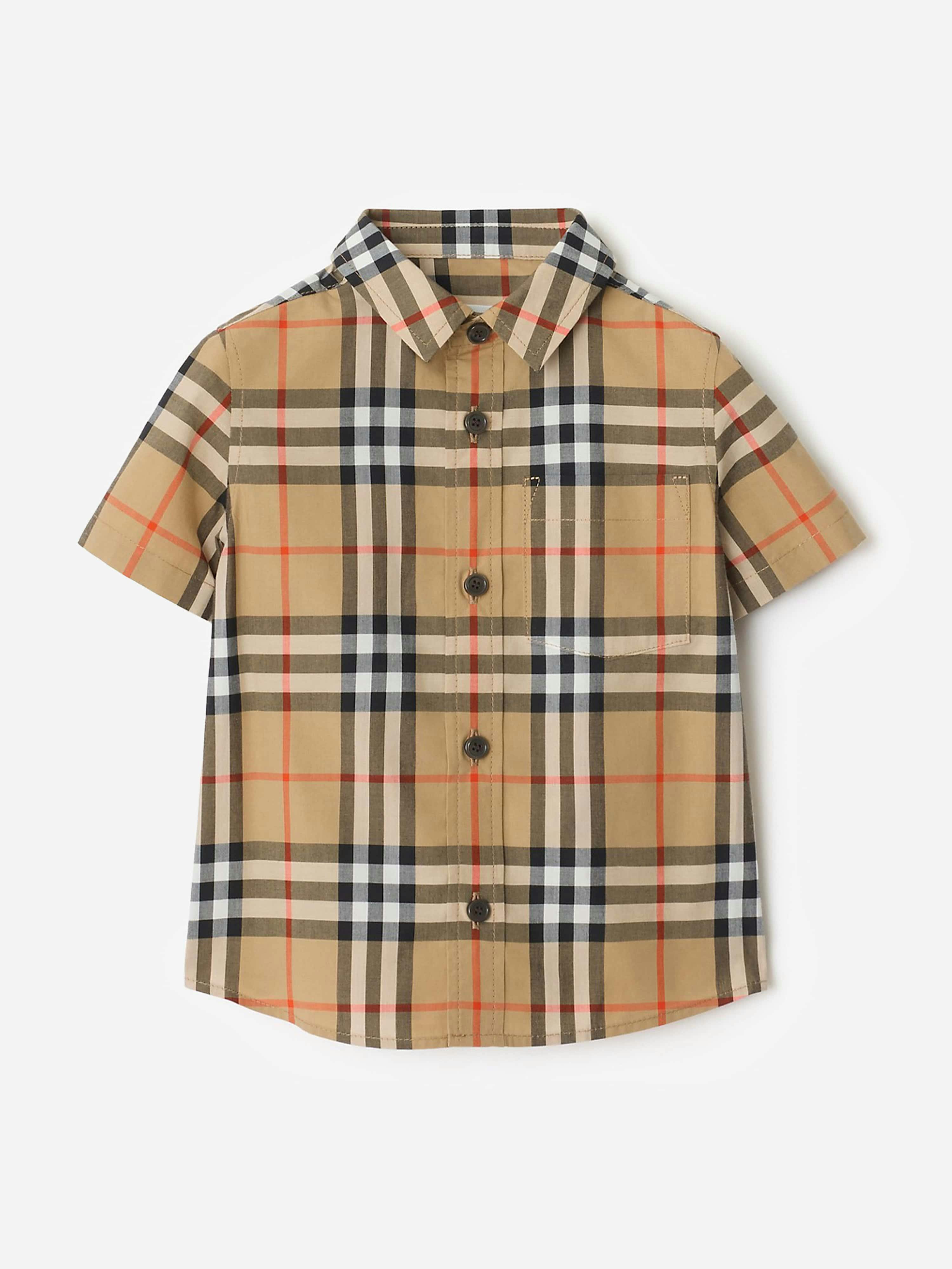 Burberry Kids Boys Beige Baby Mini Owen Short Sleeve Check Shirt In - Camel - 3 Yrs