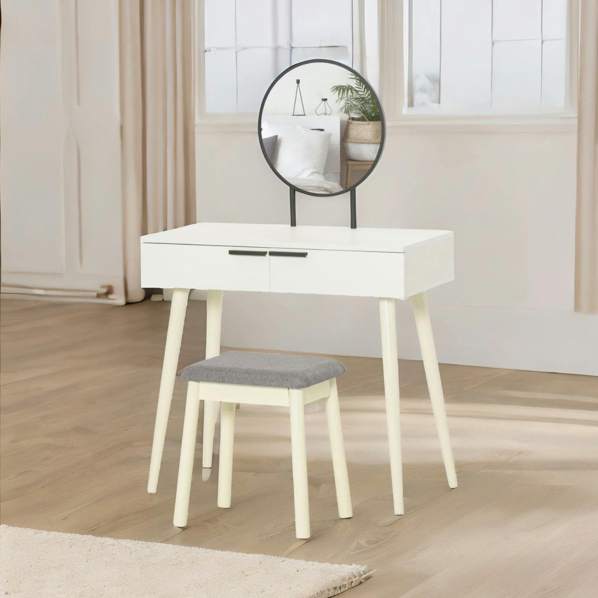 Rackhams White Dressing Table With Mirror And Cushioned Stool