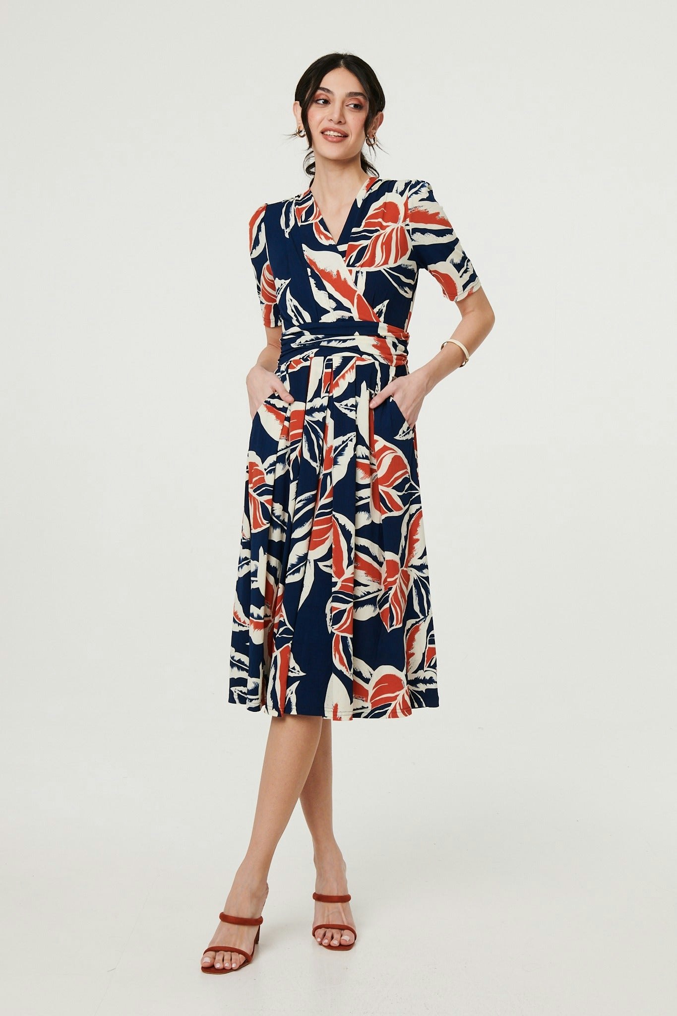 Izabel London Floral V-Neck Pleated Midi Wrap Dress - Navy - 16