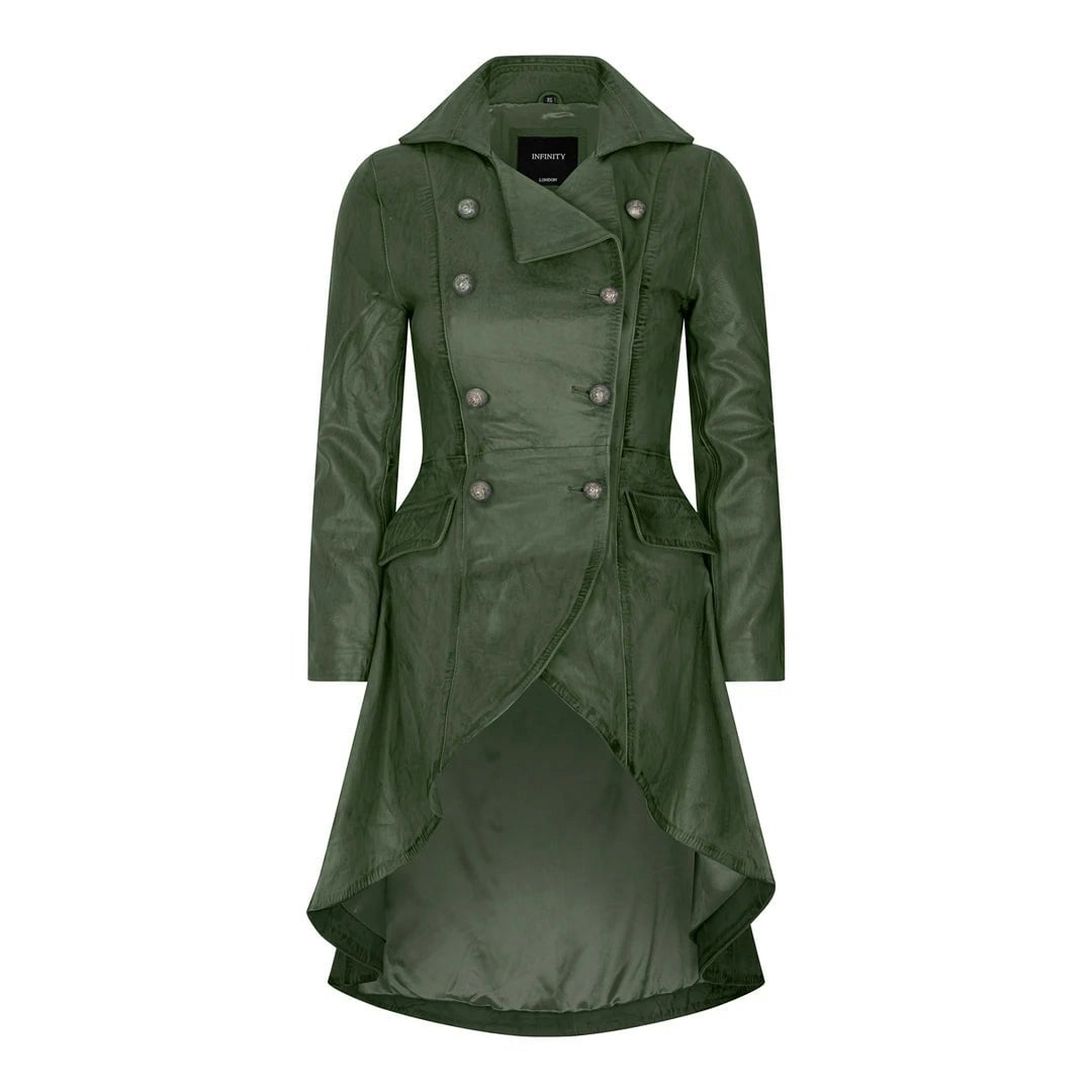 Infinity Leather Women's Green Gothic Tail Coat Double Breasted Leather Jacket - Uk 18