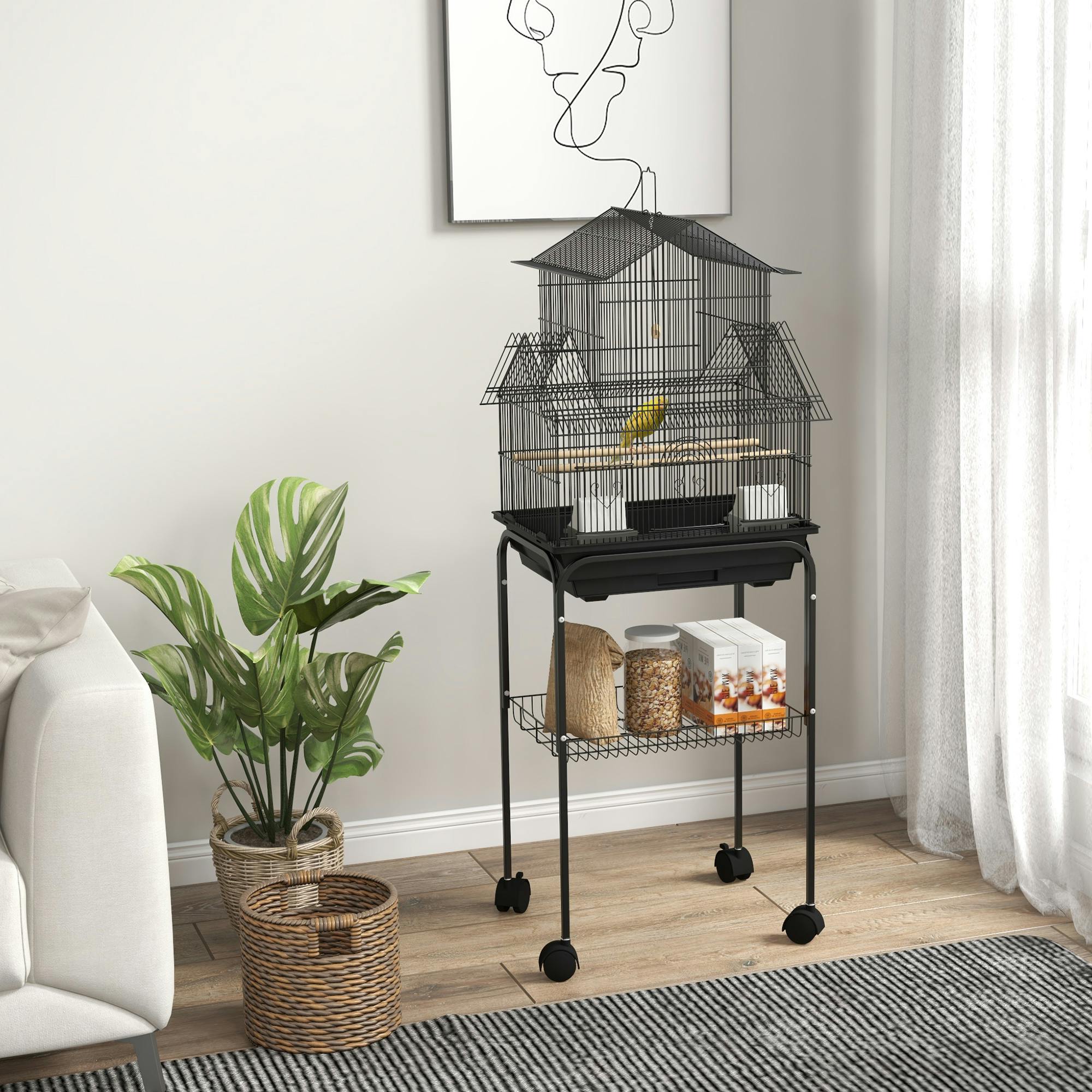 PAWHUT Metal Bird Cage w/ Perch, Food Container, Handle, for Finch, Canary in Black - Image 2