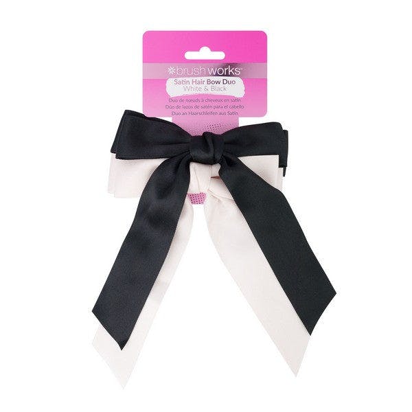 Brushworks Satin Hair Bow Duo – Black & White Hair Accessories for Women, Elegant Satin Bows with Secure French Barrette Clip - Image 3