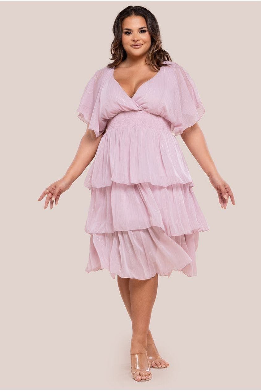 Goddiva Plus Pink Plain Lurex Chiffon Tiered Midi Dress - Blush By - 18