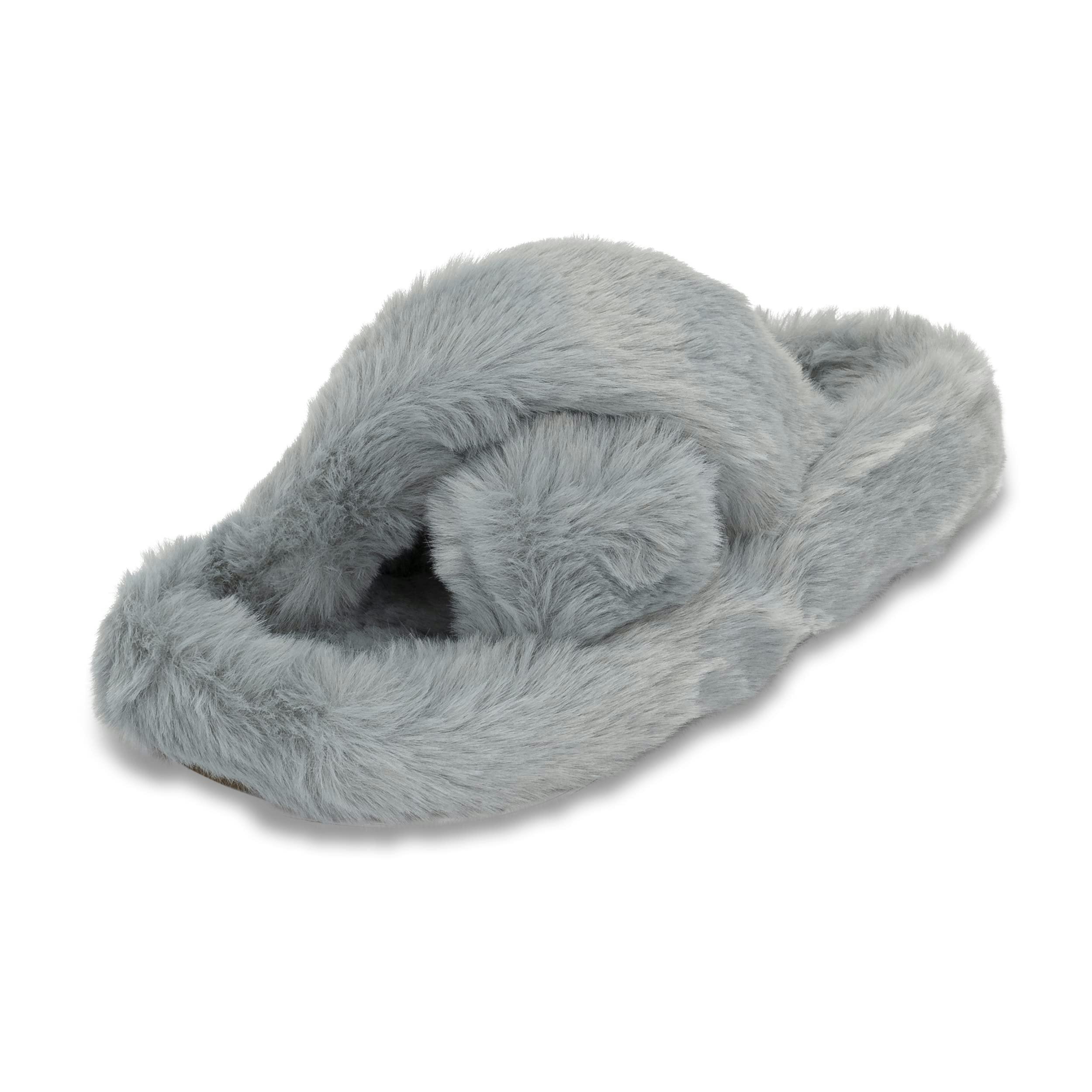 Viva Women's Light/Grey Polar Faux Fur Fluffy Plush Open Toe Slippers For Indoors - 3