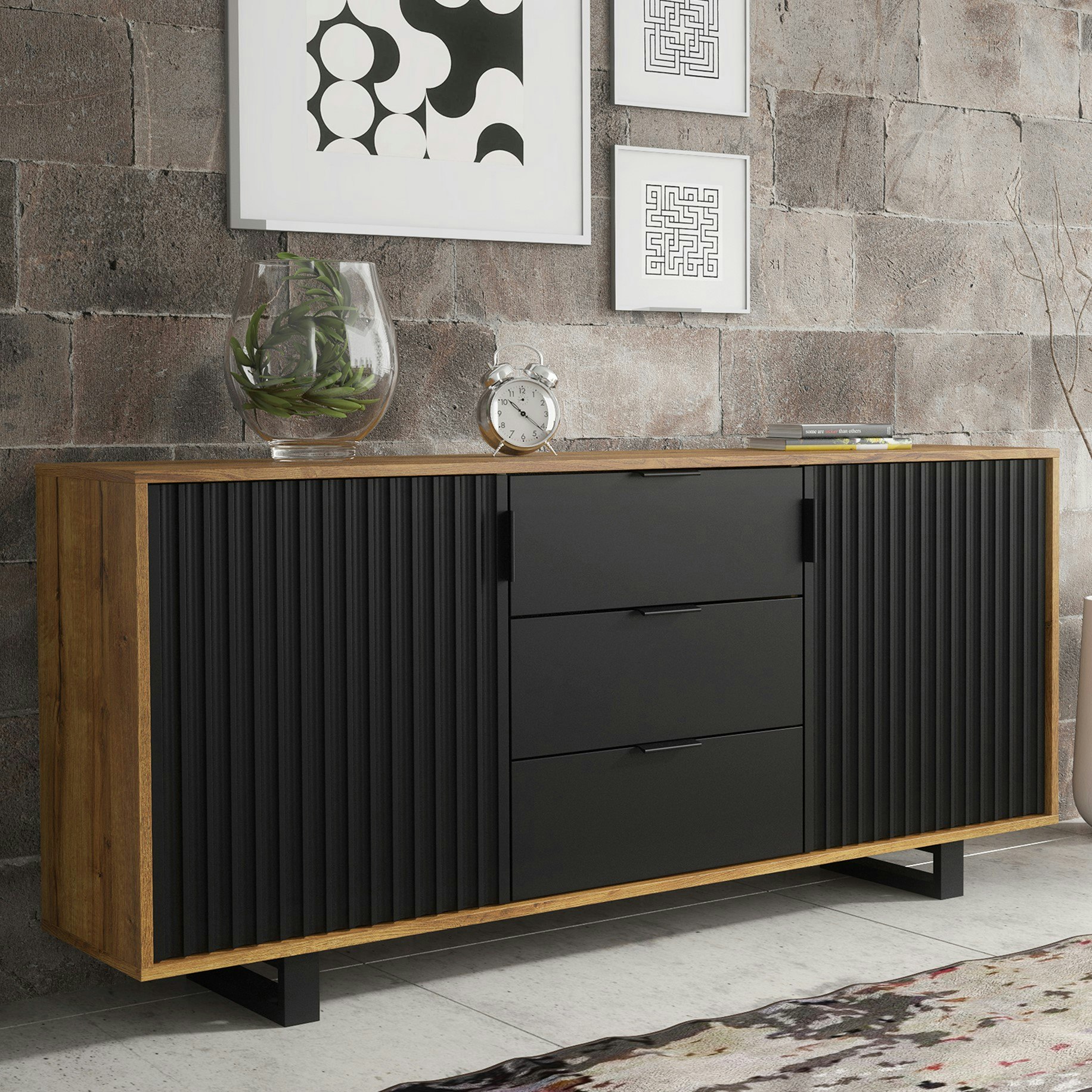 Rackhams Black Milled Stylish 140 Cm Sideboard - Slatted Doors, Drawers, Modern And Elegant Design - 140 Cm - Oak Matt Body & Matt Fronts - Mdf/Chipboard