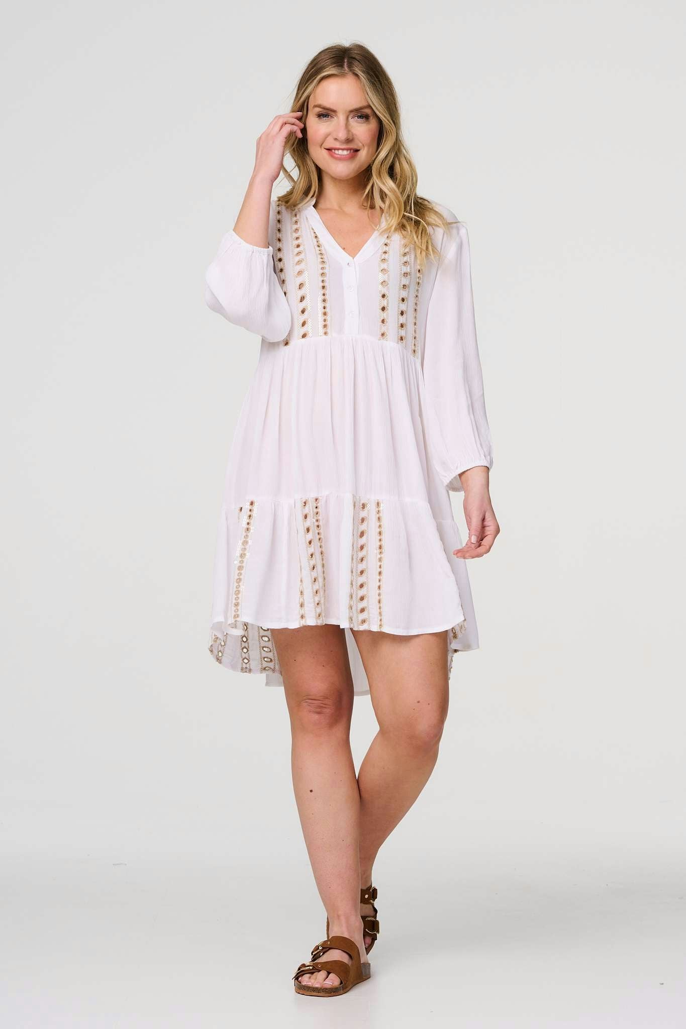 Izabel London White Embroidered V-Neck Tiered Smock Dress - 16
