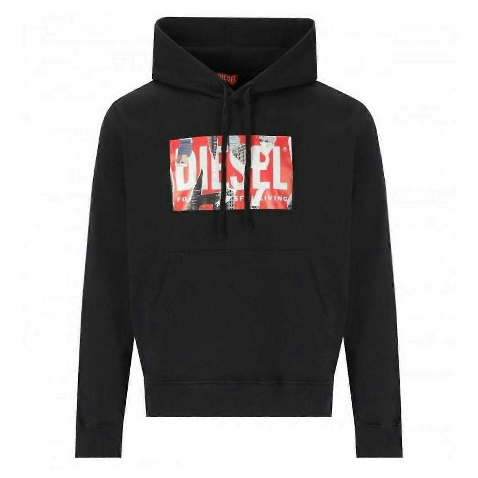 Diesel Men's Black Torn Logo Hoodie - S - 100% Cotton