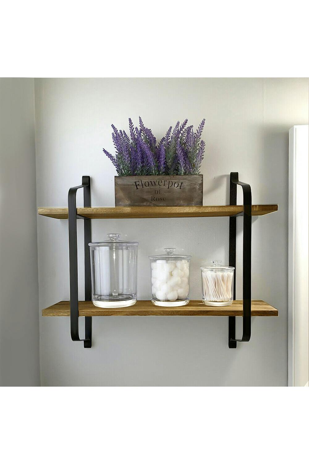 Rackhams Black 2 Tiers Wall Mounted Industrial Style Classic Metal Wire Tidy Wooden Decor Floating Shelf Display Rack Organizer