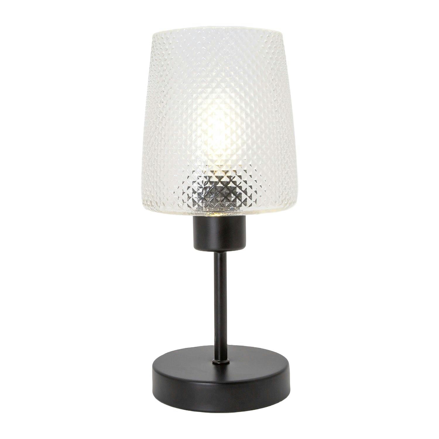 Happy Homewares Black Modern Clear Dimpled Glass Table Lamp With Matte Stem And Base