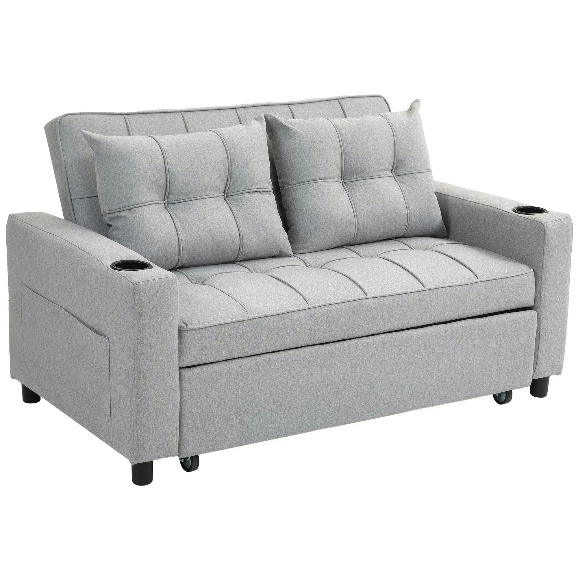 HOMCOM 2 Seater Convertible Pull Out Sofa Bed - Light Grey - Linen - Image 9
