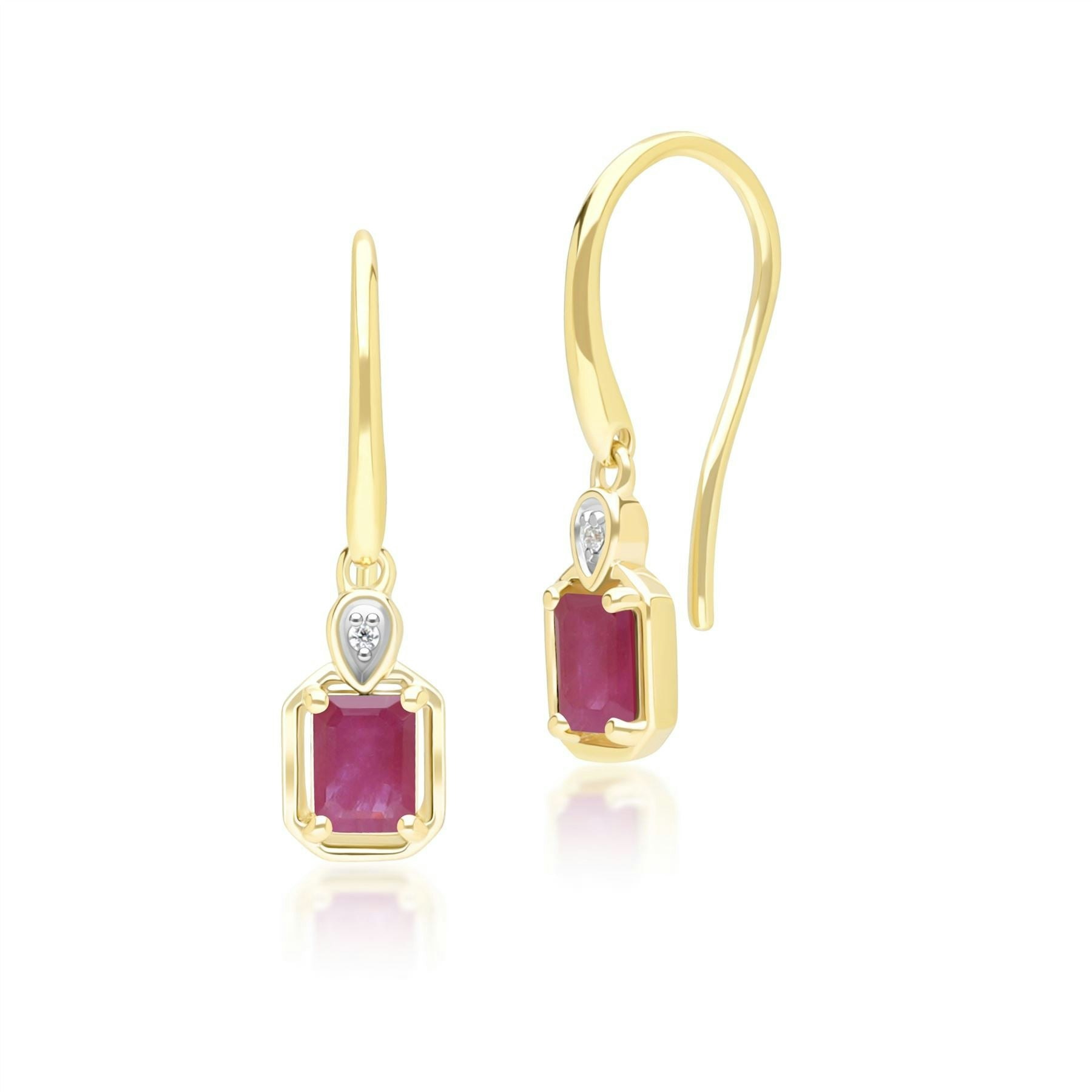 Gemondo Yellow/Gold Classic Ruby Baguette & Diamond Drop Earrings In 9Ct