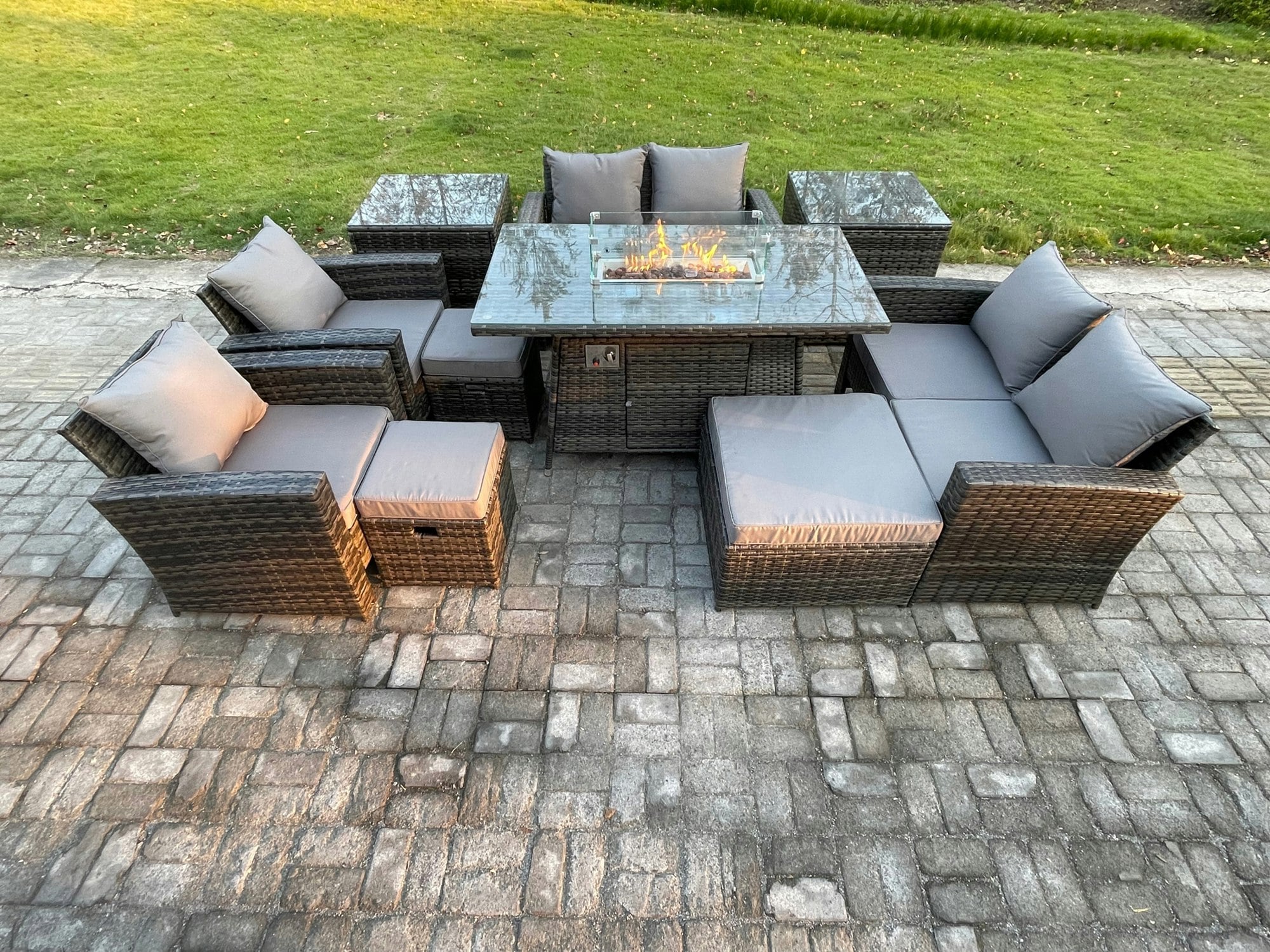 Fimous Dark/Grey 10-Piece Outdoor Rattan Sofa Dining Set | Gas Fire Pit Table, 3 Footstools, 2 Side Tables