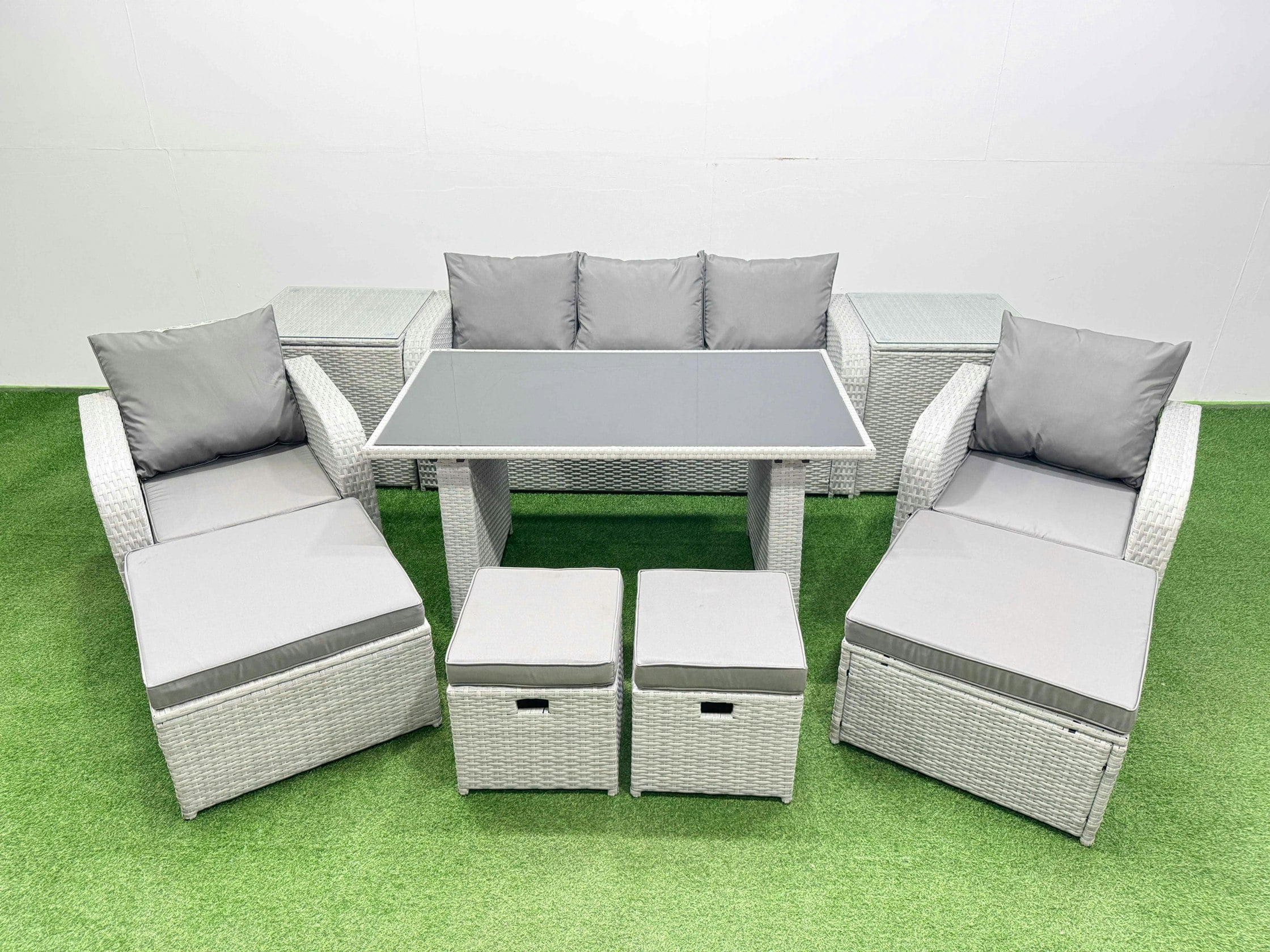 Rackhams Black/Light/Grey 9 Seater Patio Garden Furniture Sets With Glass Top Dining Table Love Sofa 2 Side Tables 4 Stools